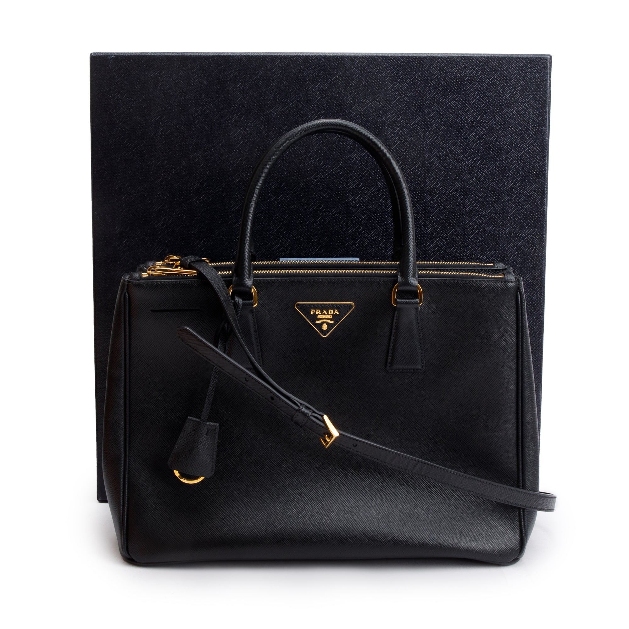 Prada Black Saffiano Lux Medium Double Zip Galleria Tote w/ Strap & Box