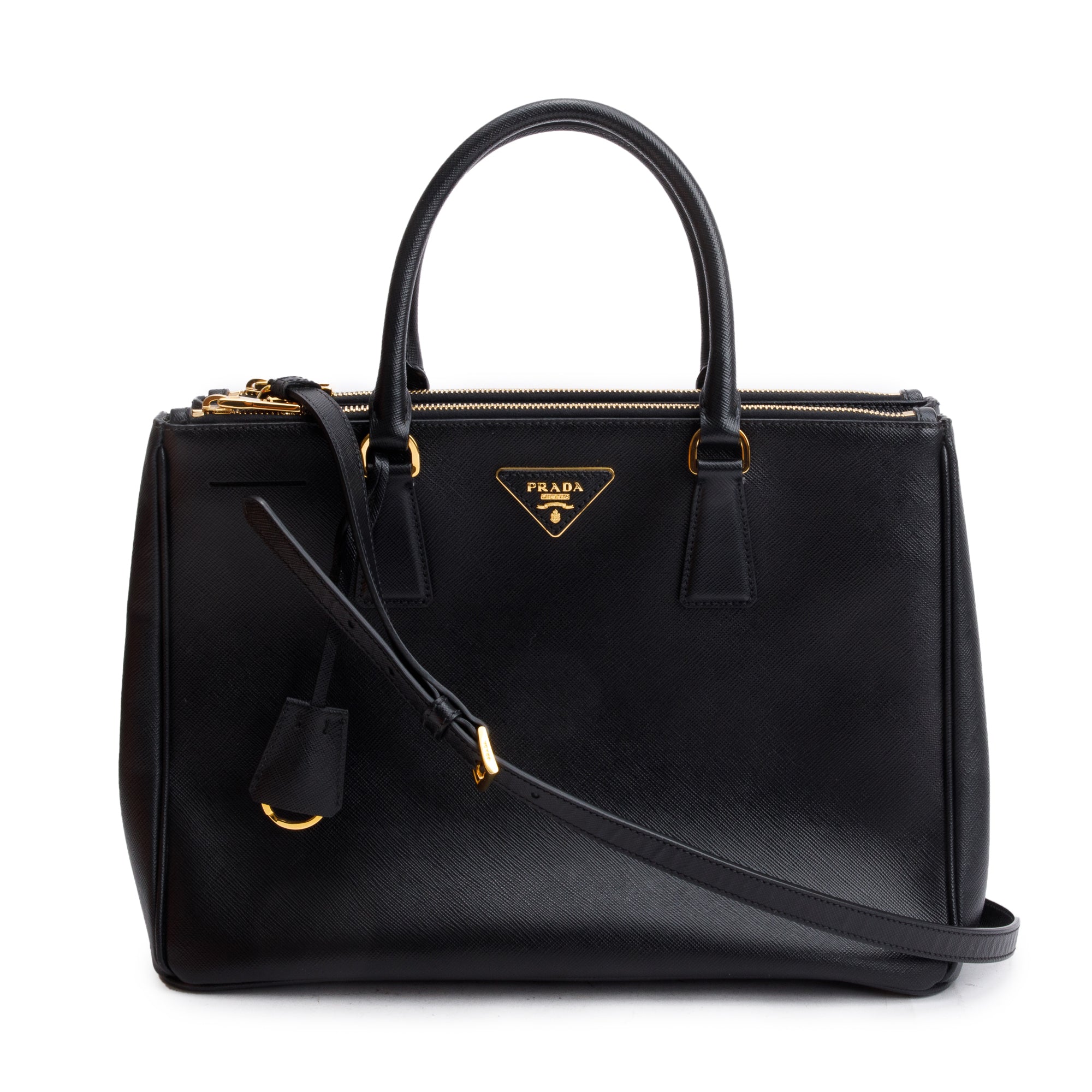 Prada Black Saffiano Lux Medium Double Zip Galleria Tote w/ Strap & Box