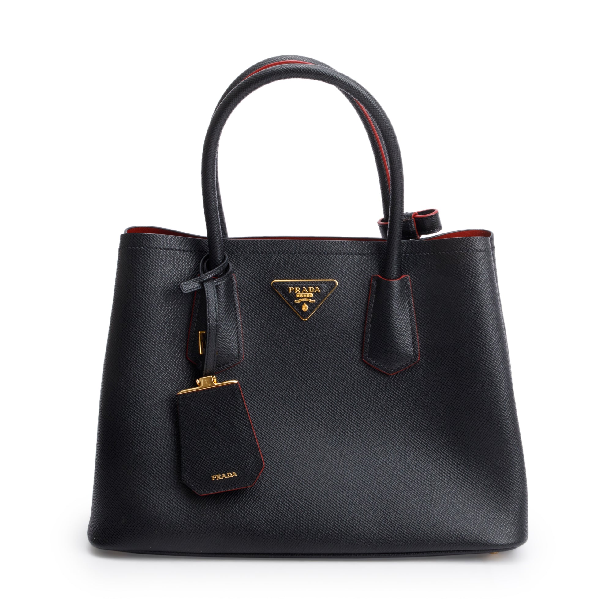 Prada Black Saffiano Lux Small Cuir Double Tote w/ Strap & Authenticity Card
