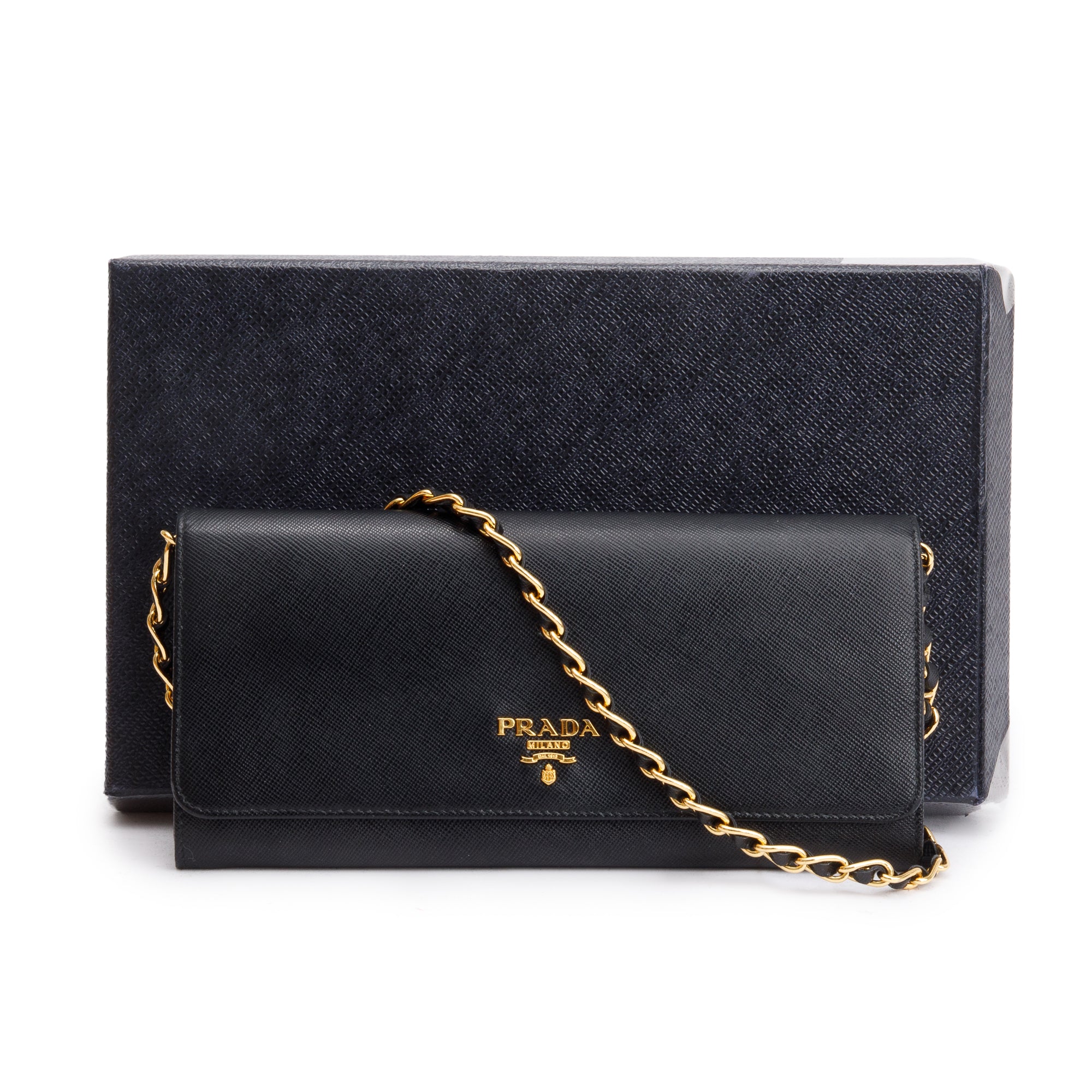 Prada Black Saffiano Metal Continental Wallet on Chain w/ Box