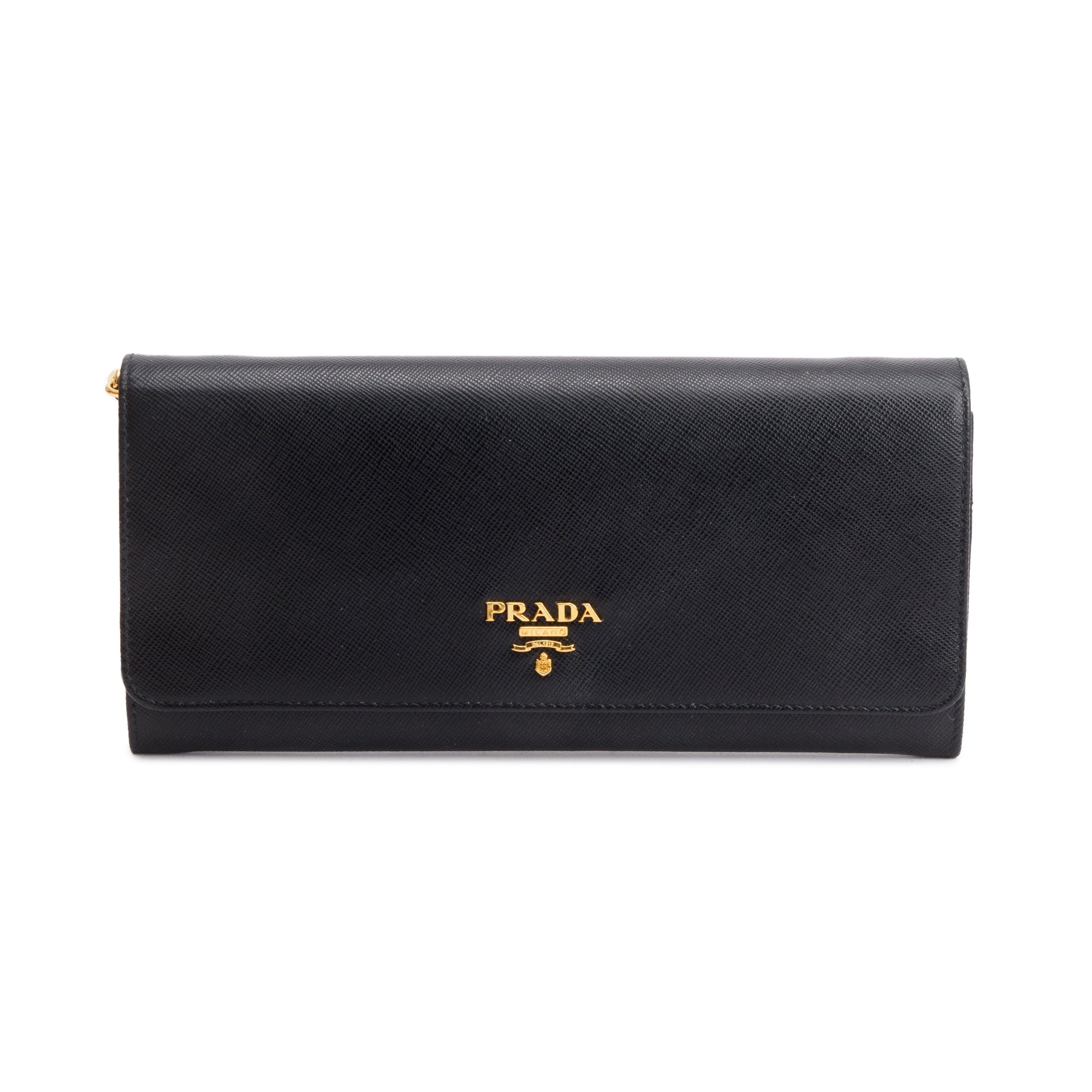 Prada Black Saffiano Metal Continental Wallet on Chain w/ Box