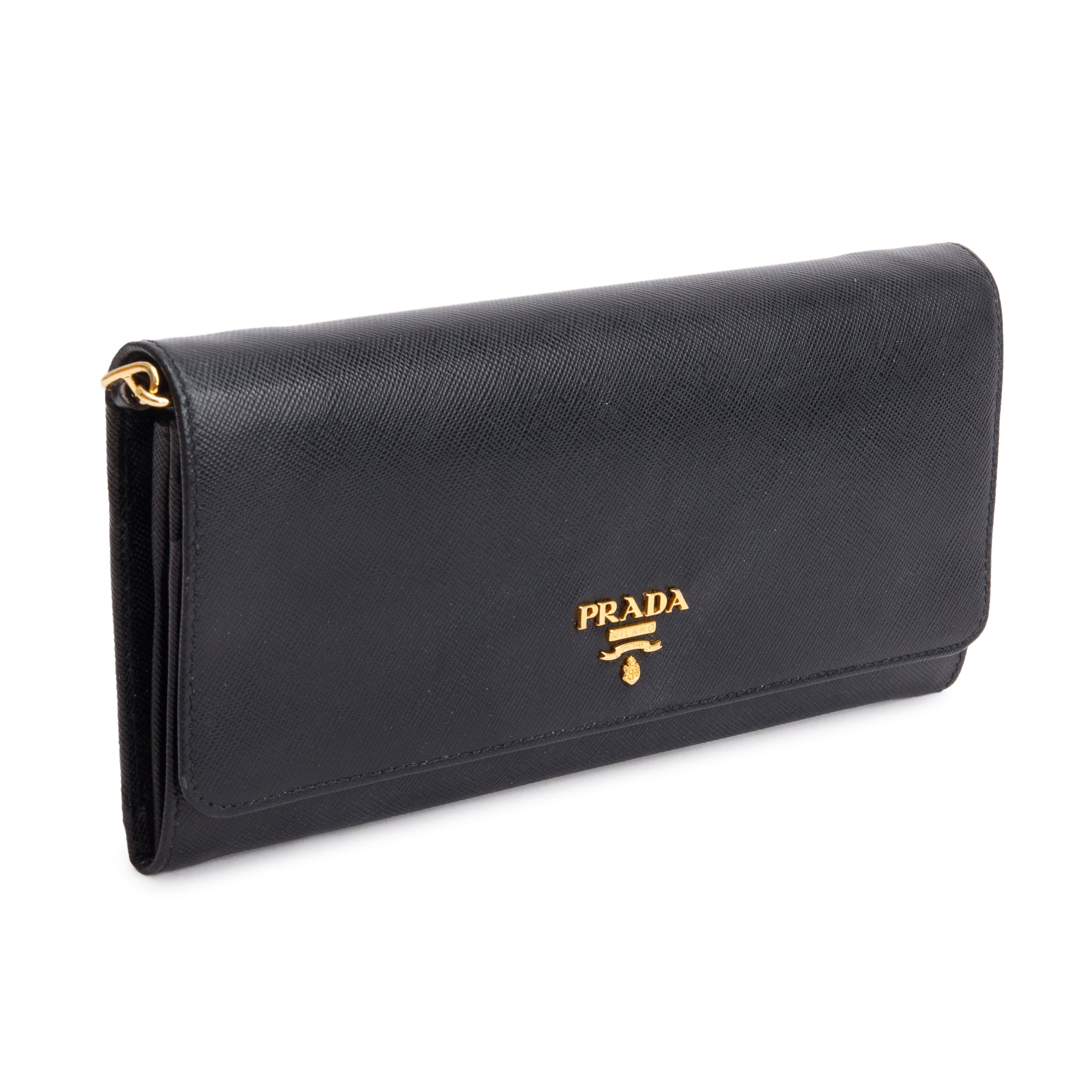Prada Black Saffiano Metal Continental Wallet on Chain w/ Box