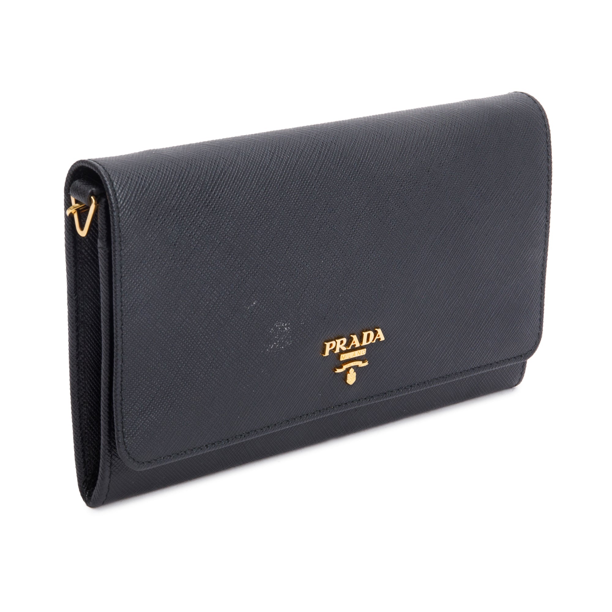 Prada Black Saffiano Metal Continental Wallet on Chain w/ Box & Authenticity Card