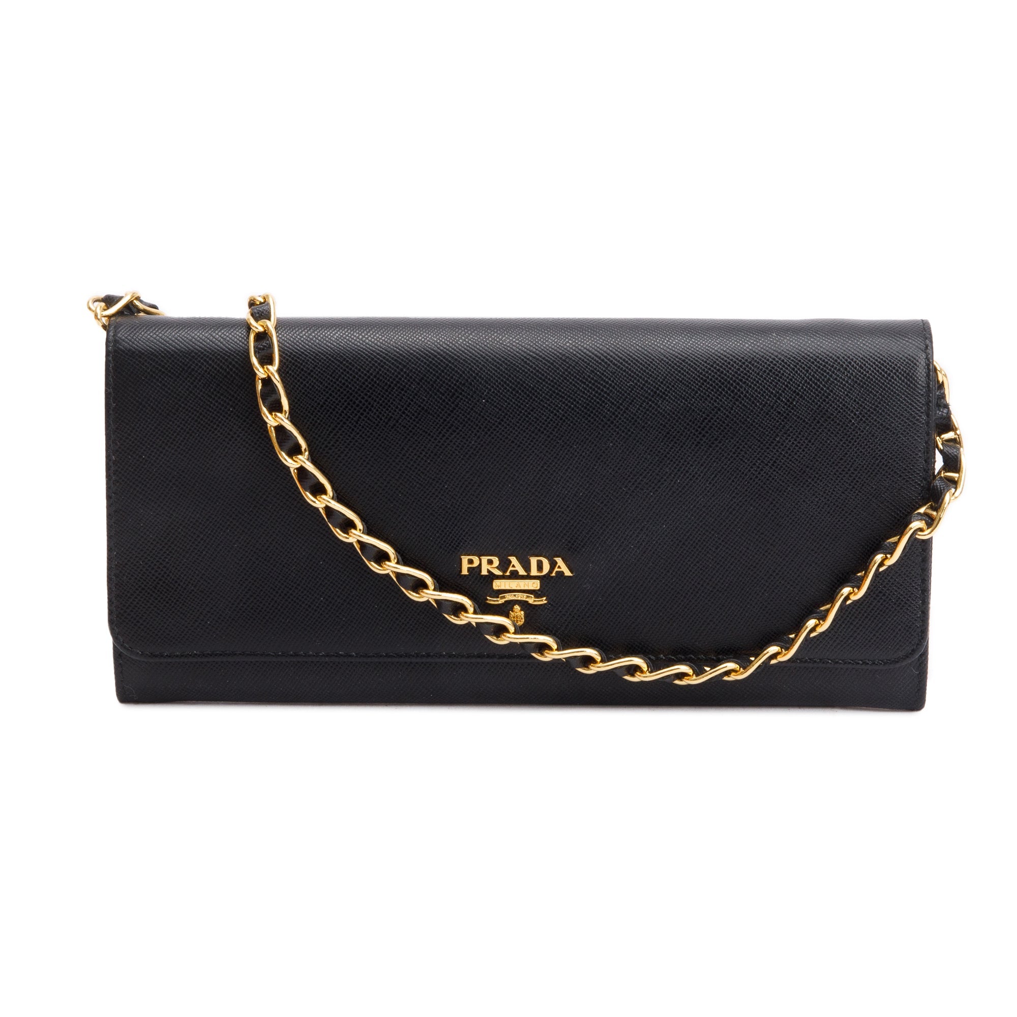 Prada Black Saffiano Metal Continental Wallet on Chain w/ Box