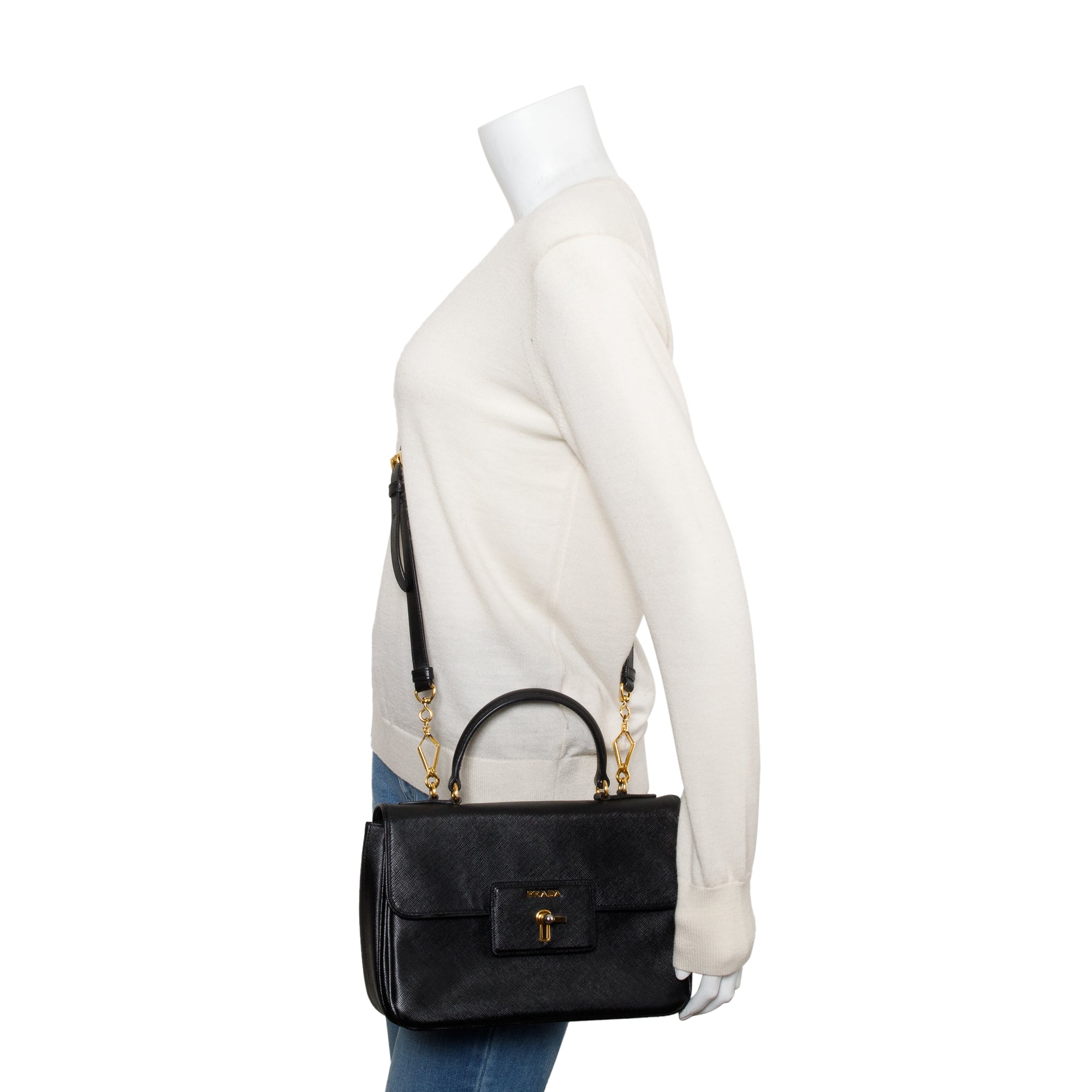 Prada Black Saffiano Top55 Handle Tote w/ Strap