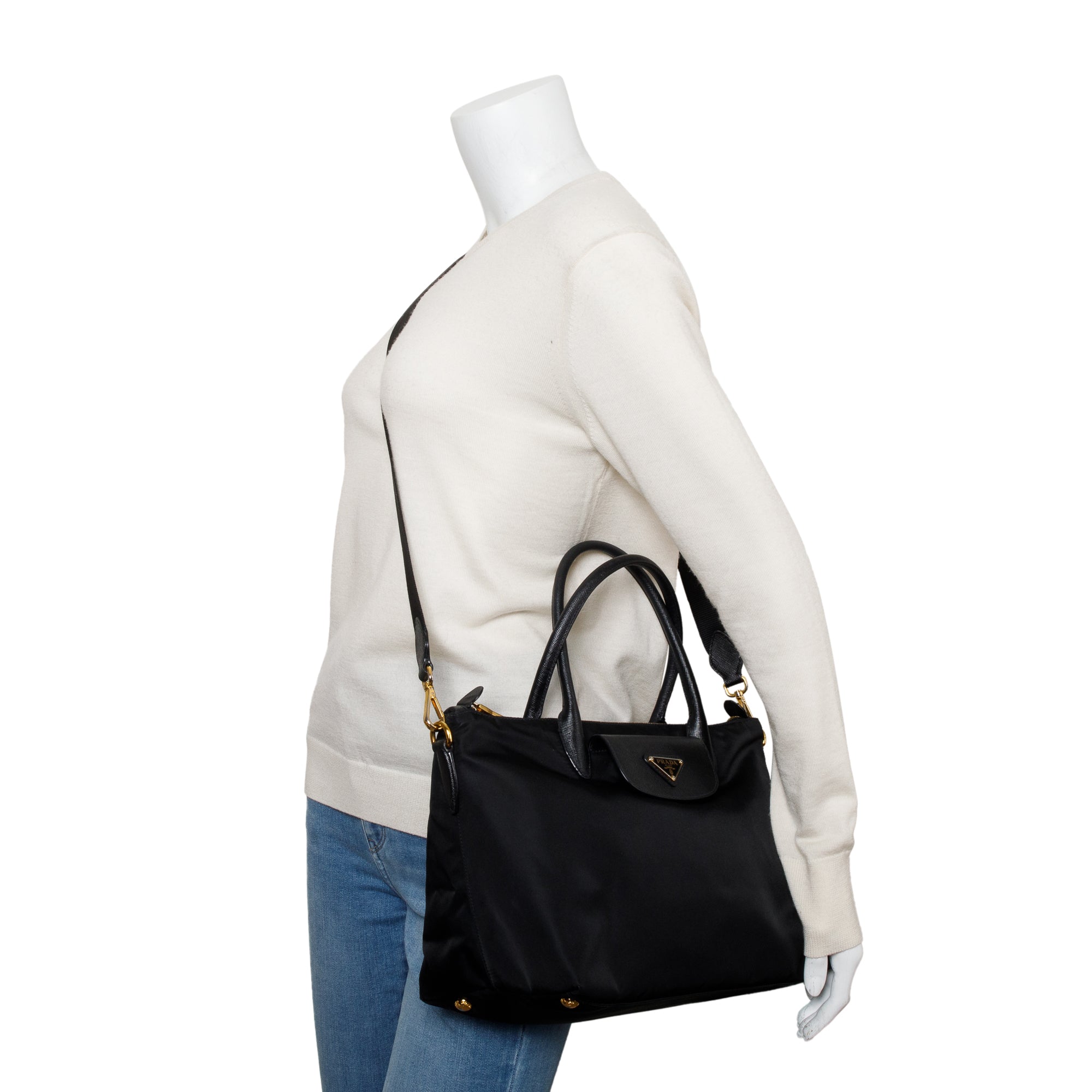 Prada Black Saffiano-Trimmed Tessuto Nylon Handle Tote w/ Strap