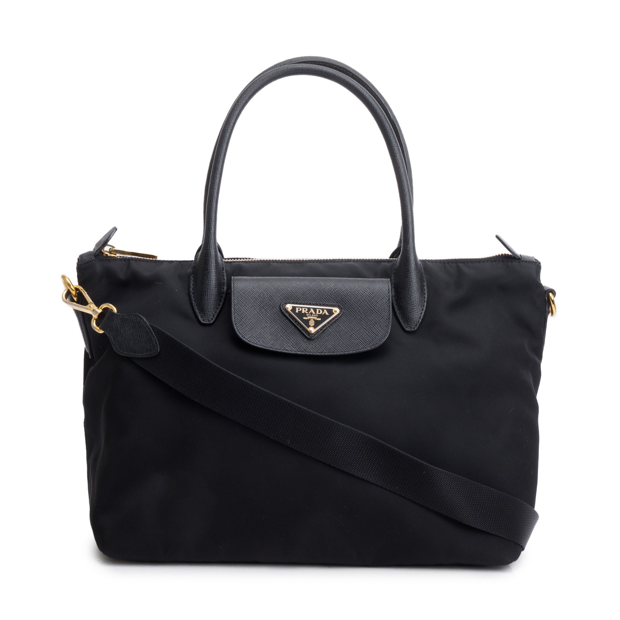 Prada Black Saffiano-Trimmed Tessuto Nylon Handle Tote w/ Strap