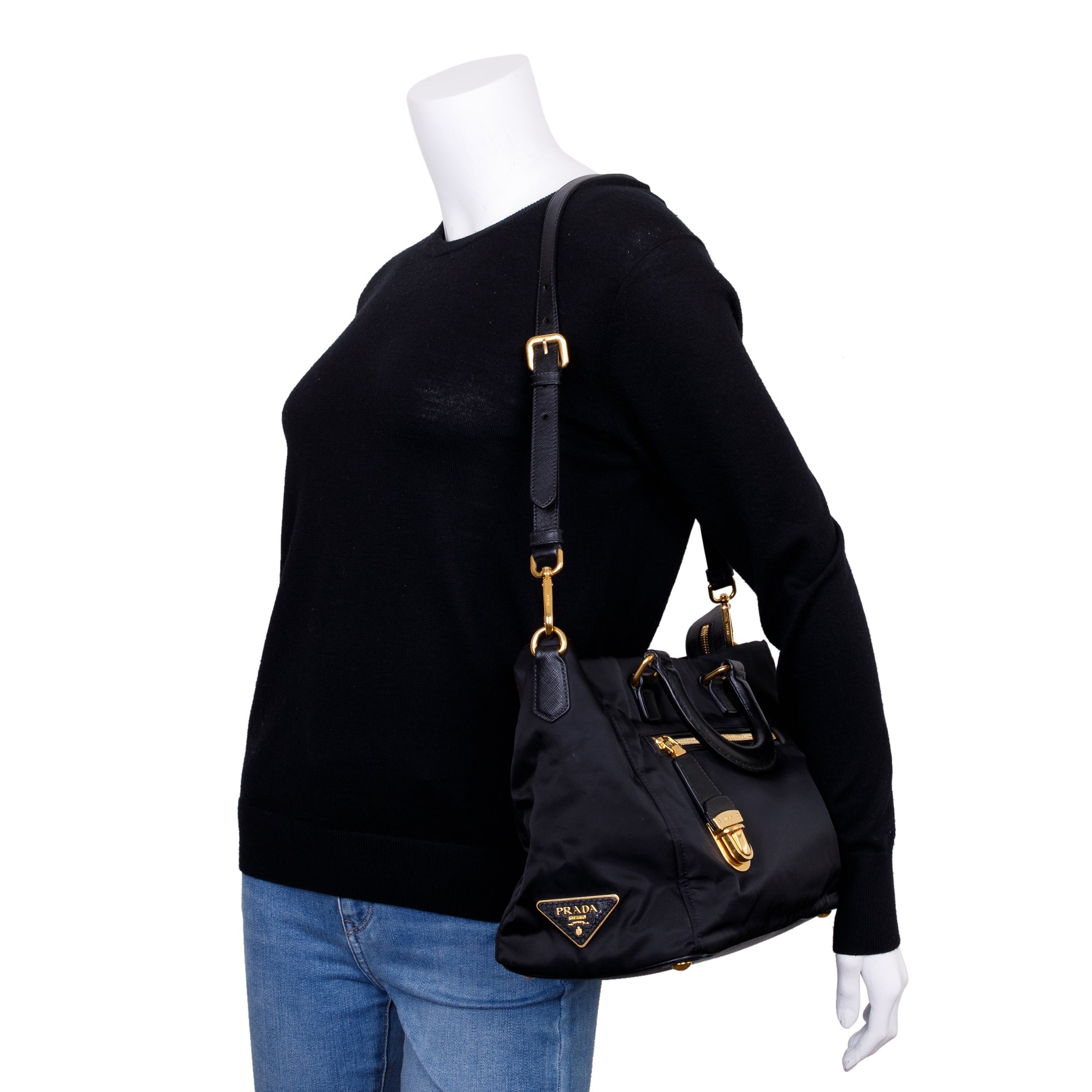 Prada Black Saffiano-Trimmed Tessuto Nylon Tote w/ Strap