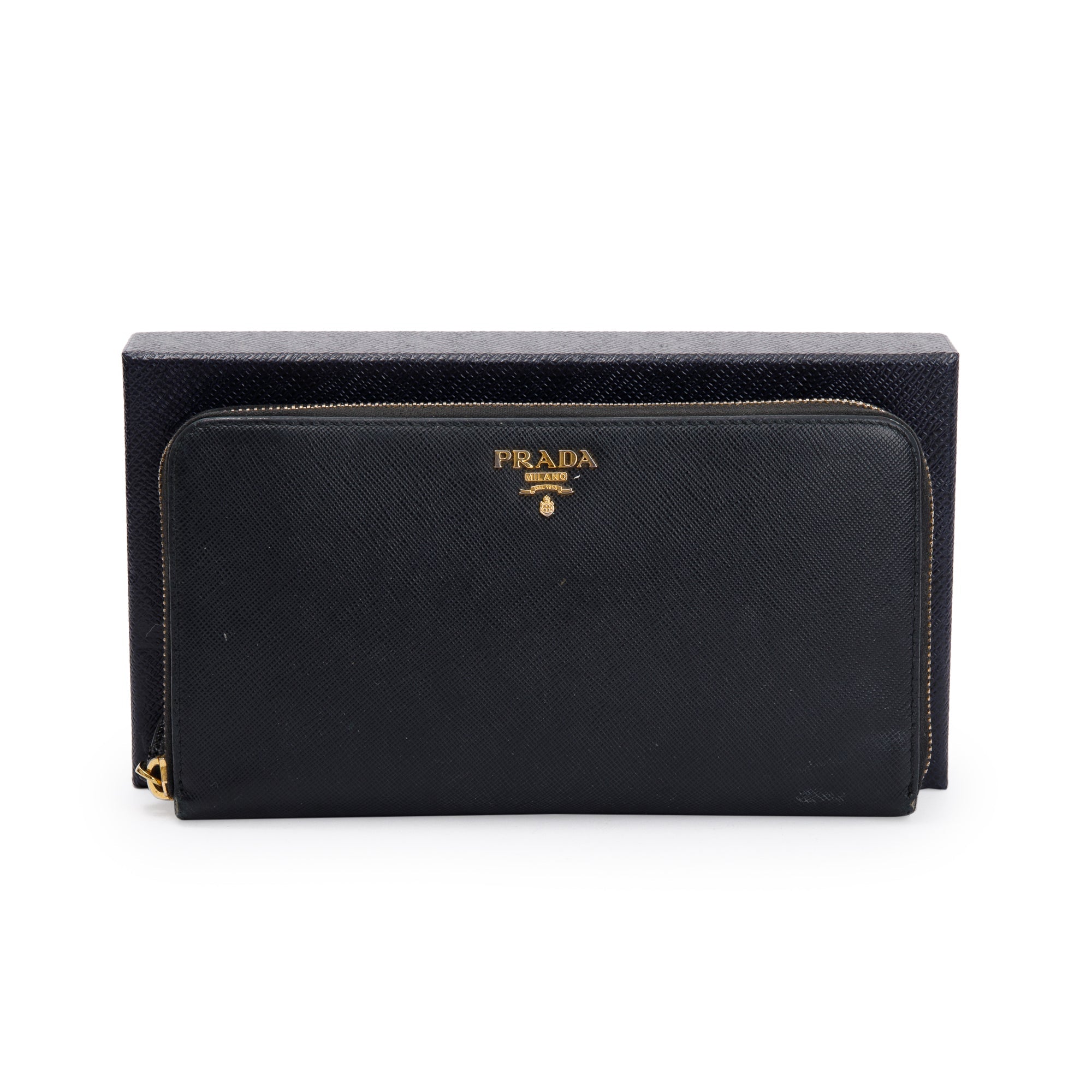 Prada Black Saffiano Zip Around Orgainzer Wallet w/ Box
