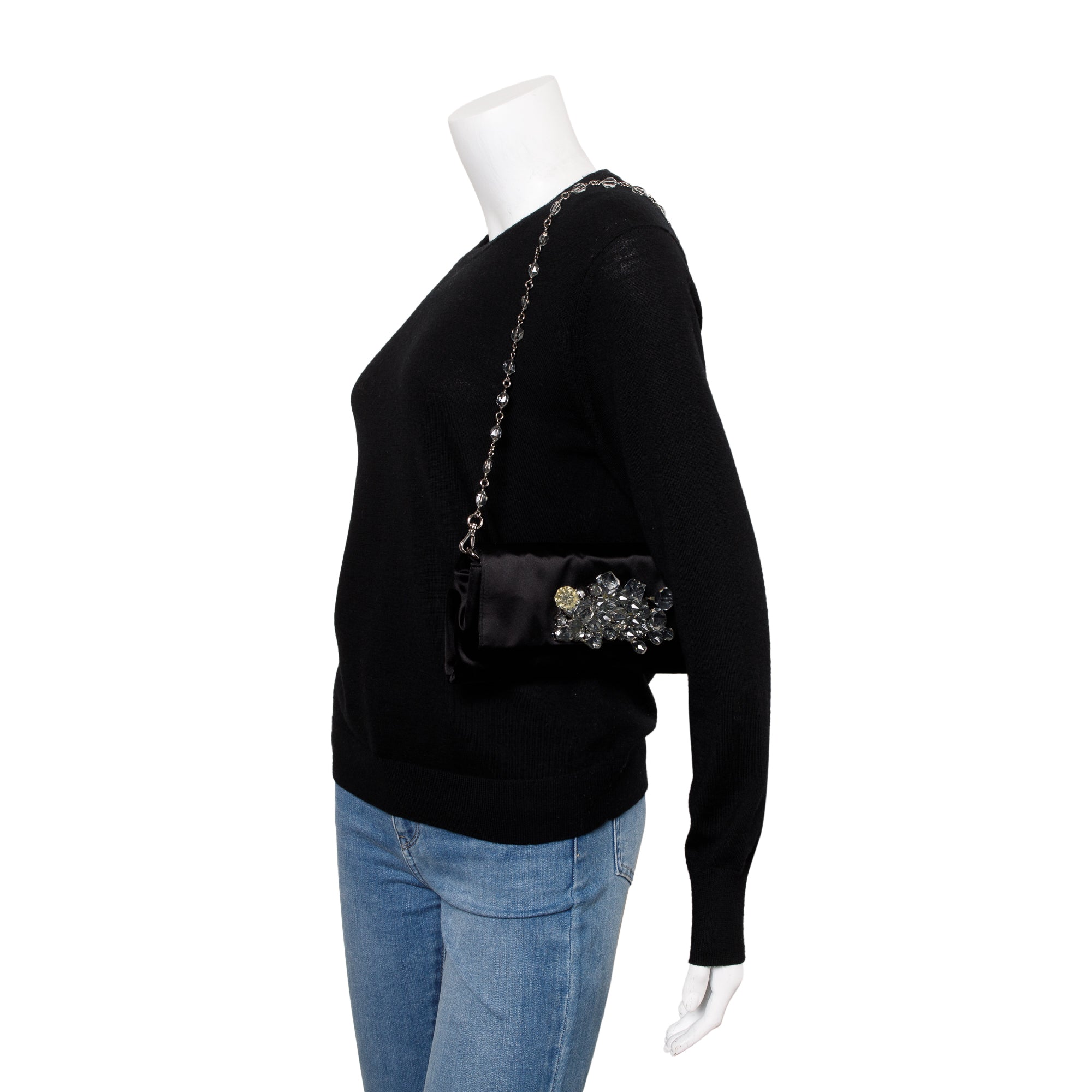 Prada Black Satin Crystal Embellished Chain Clutch