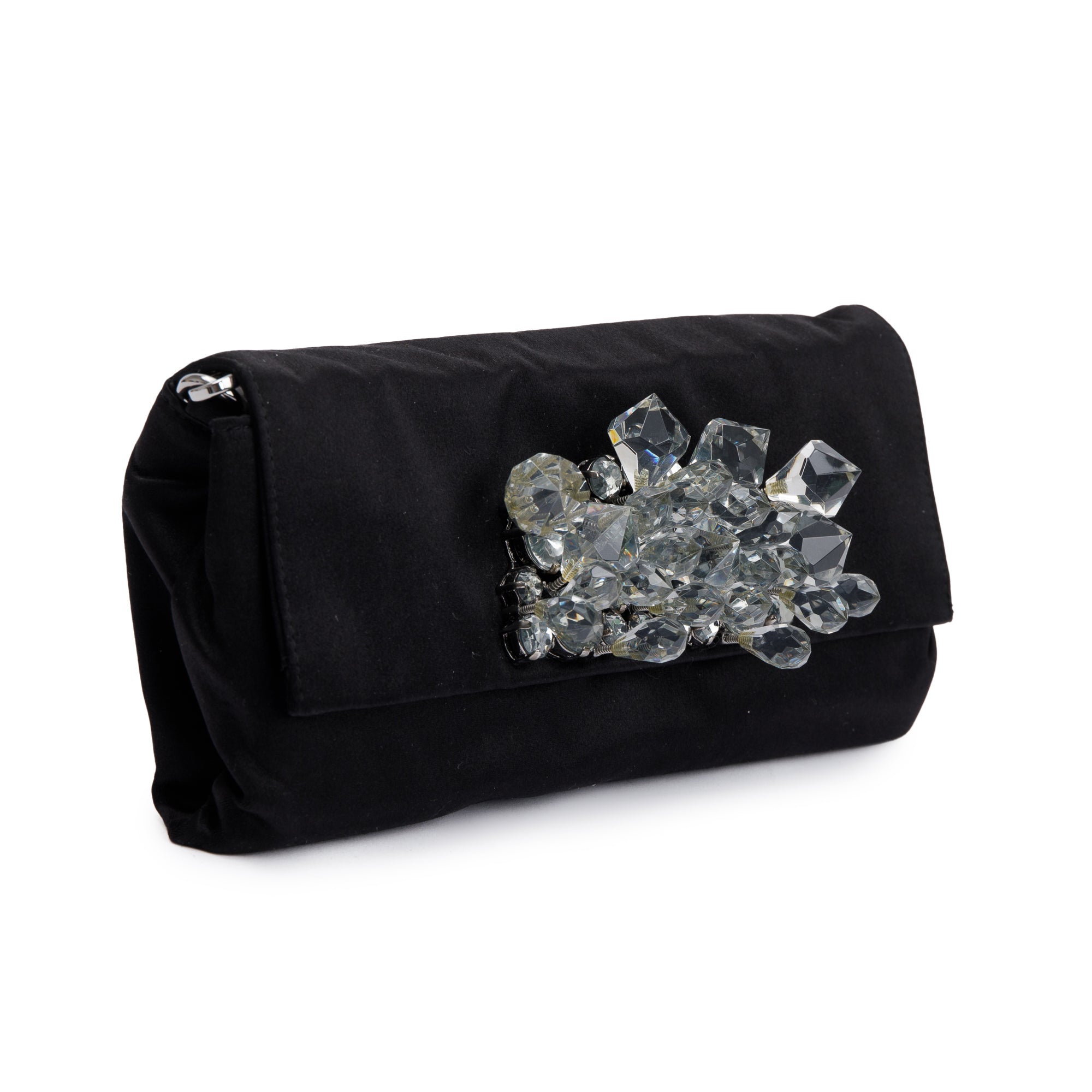 Prada Black Satin Crystal Embellished Chain Clutch