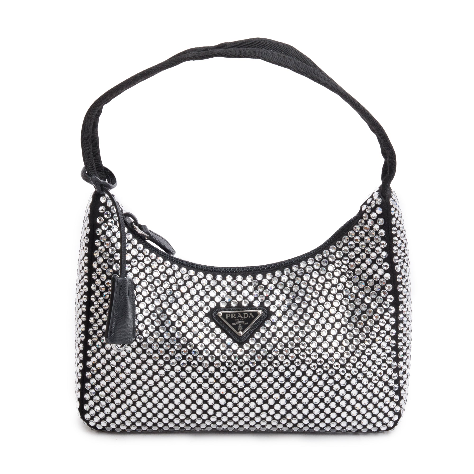 Prada Black Satin Crystal Re-Edition 2000 Mini Bag w/ Box