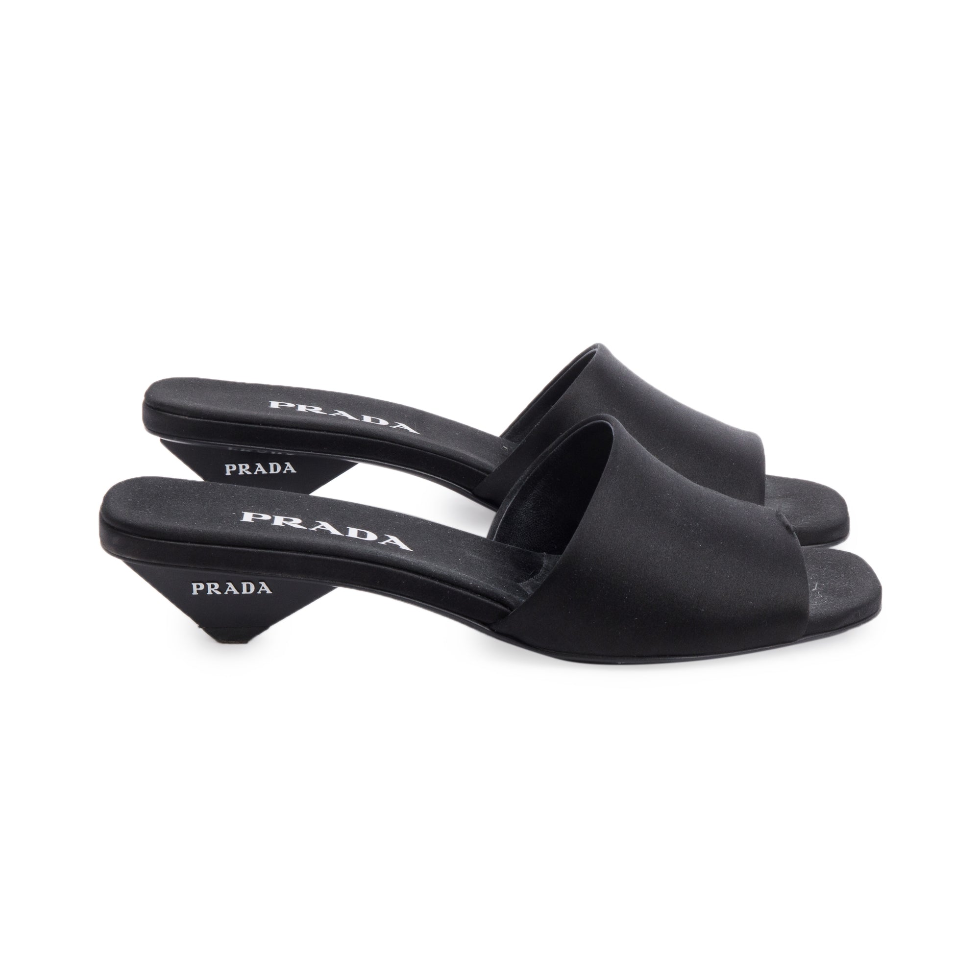 Prada Black Satin Slide Sandals, Size 37.5 w/ Box