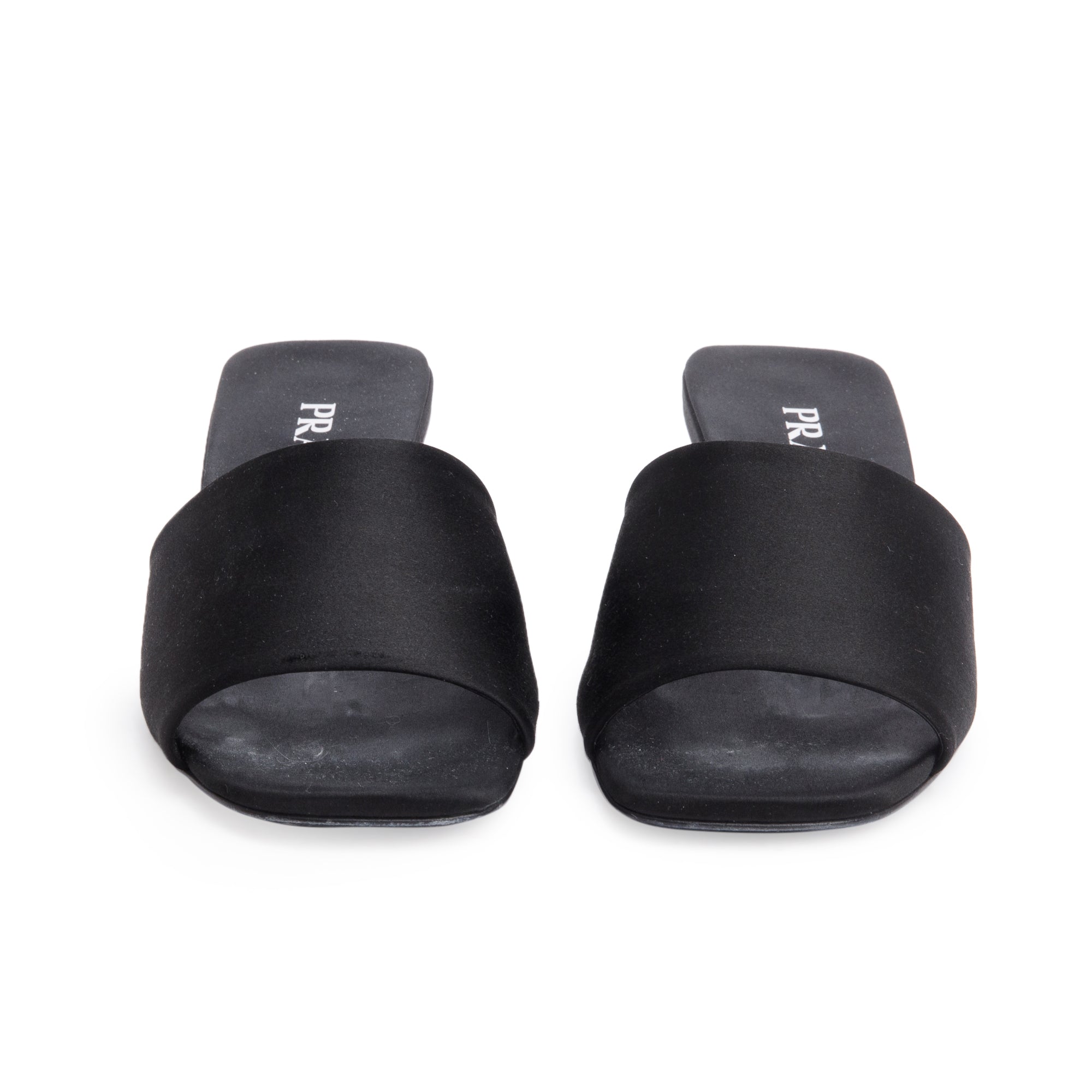Prada Black Satin Slide Sandals, Size 37.5 w/ Box