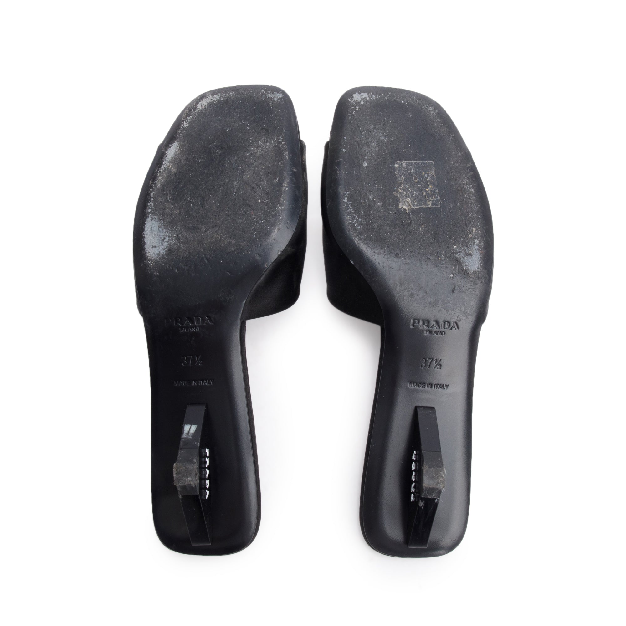 Prada Black Satin Slide Sandals, Size 37.5 w/ Box