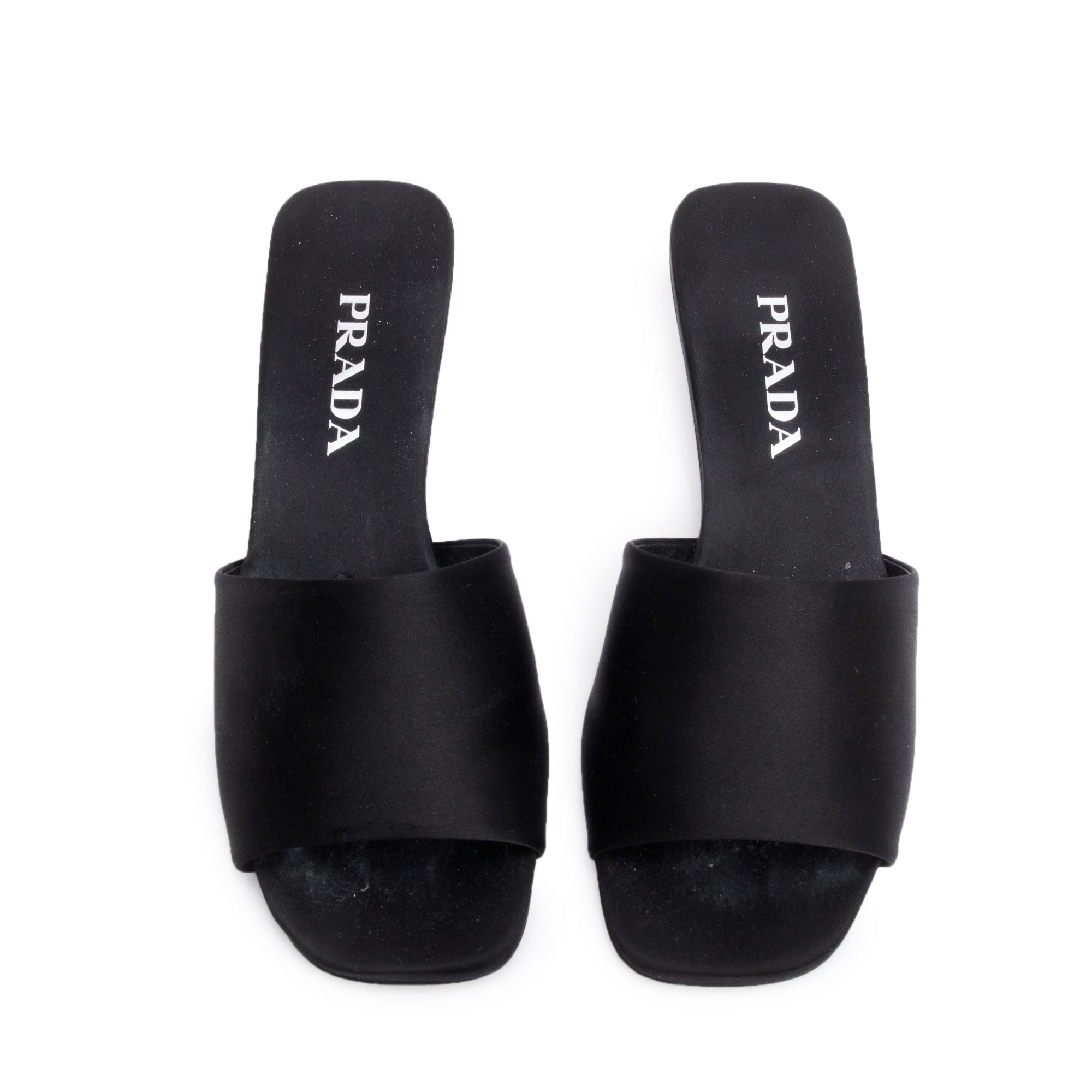 Prada Black Satin Slide Sandals, Size 37.5 w/ Box
