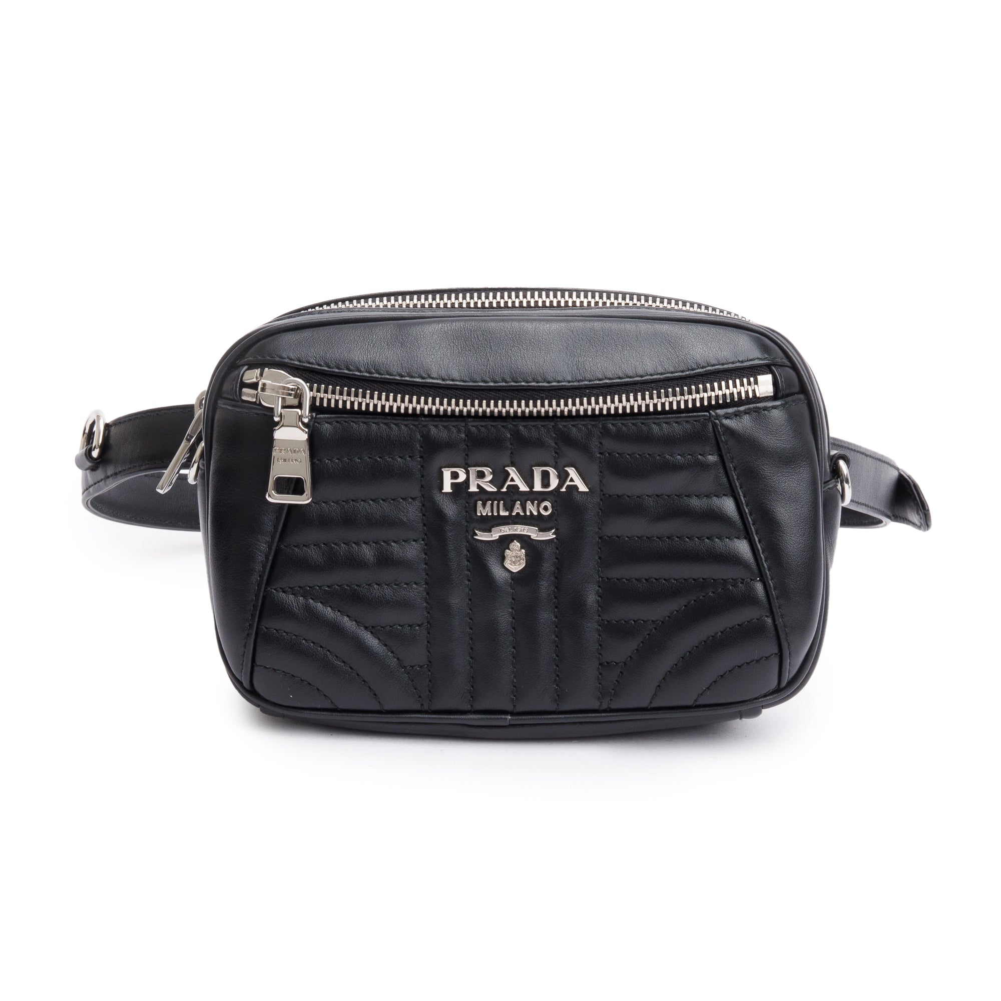 Prada Black Soft Calf Impuntu Logo Diagramme Camera Belt Bag w/ Authenticity Card
