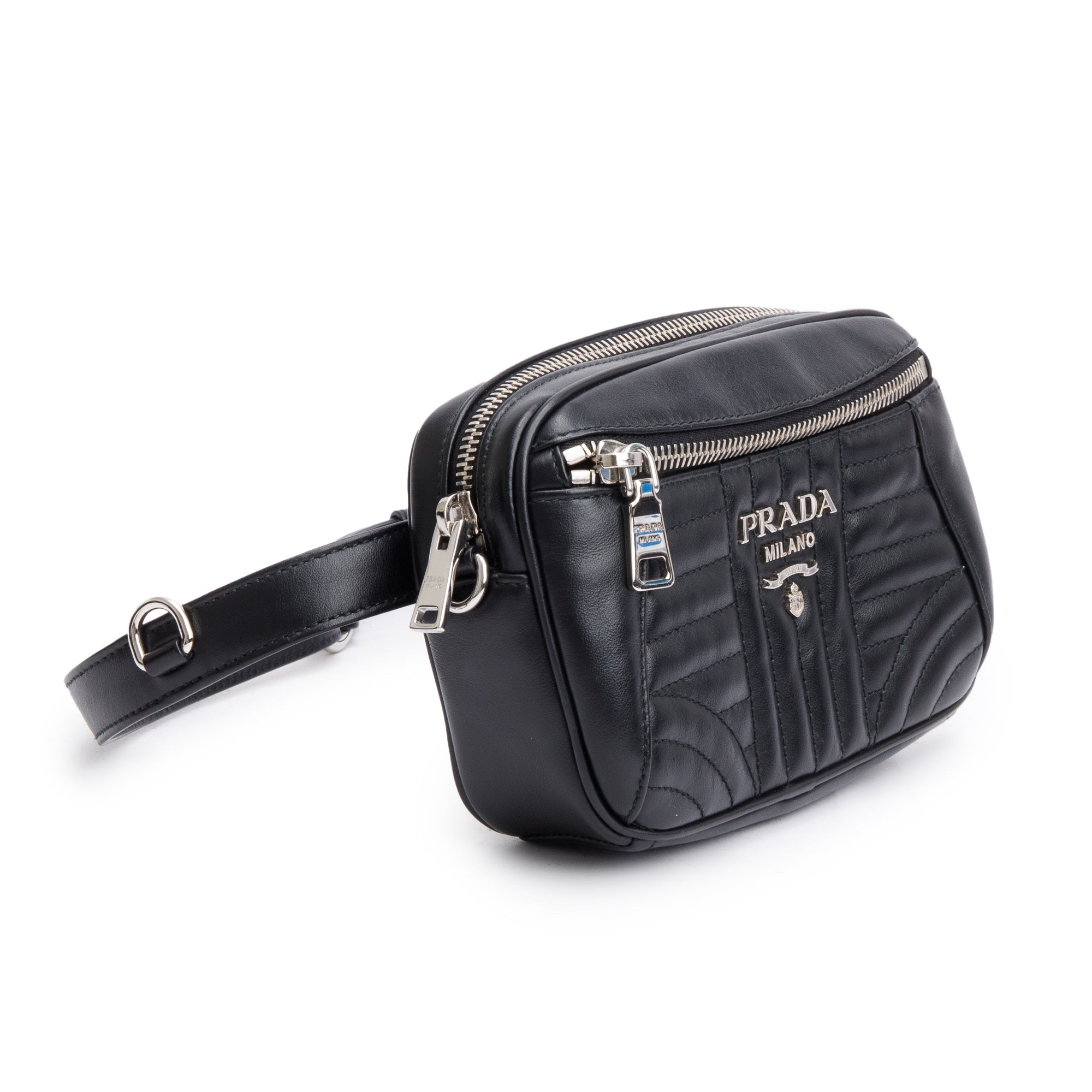 Prada Black Soft Calf Impuntu Logo Diagramme Camera Belt Bag w/ Authenticity Card