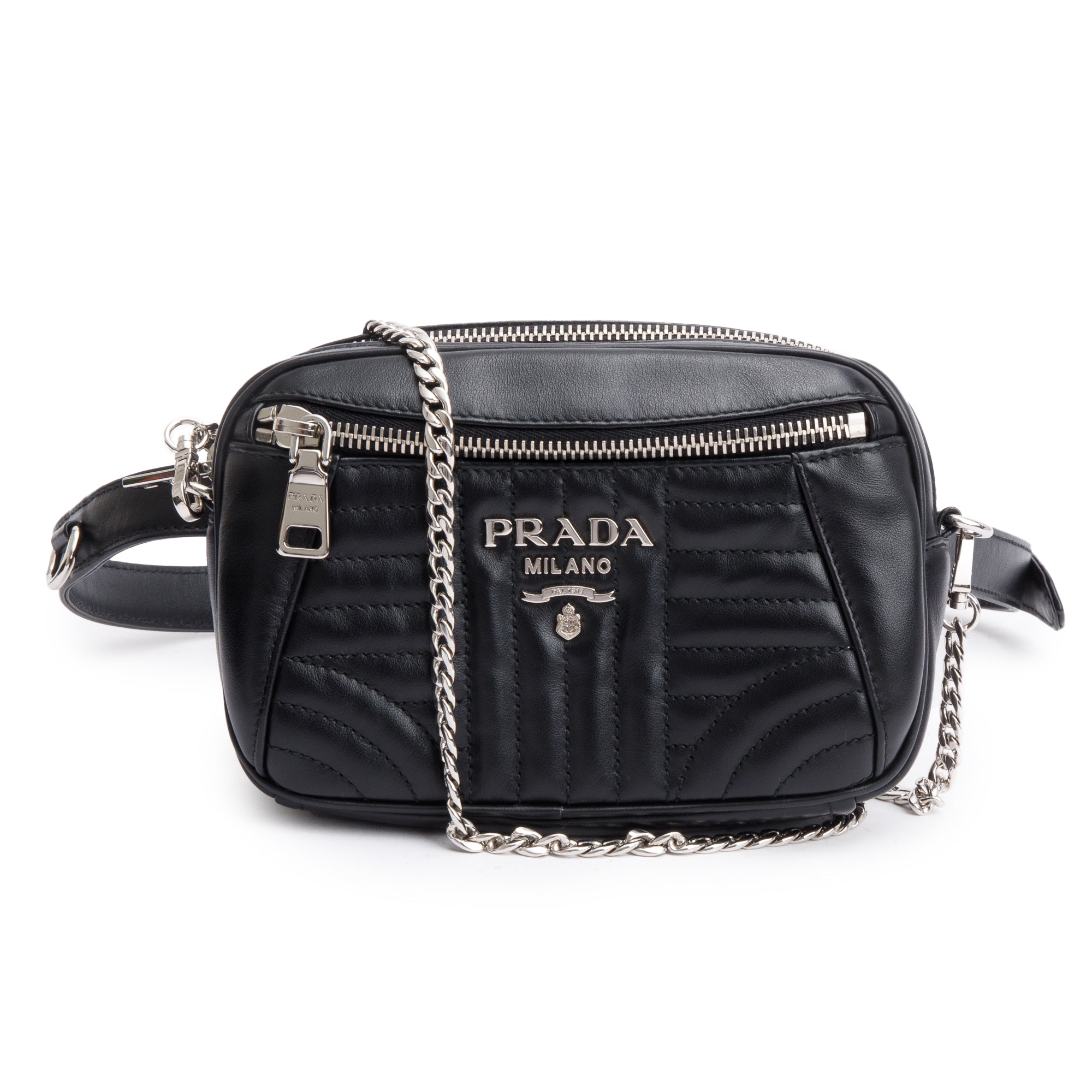 Prada Black Soft Calf Impuntu Logo Diagramme Camera Belt Bag w/ Authenticity Card