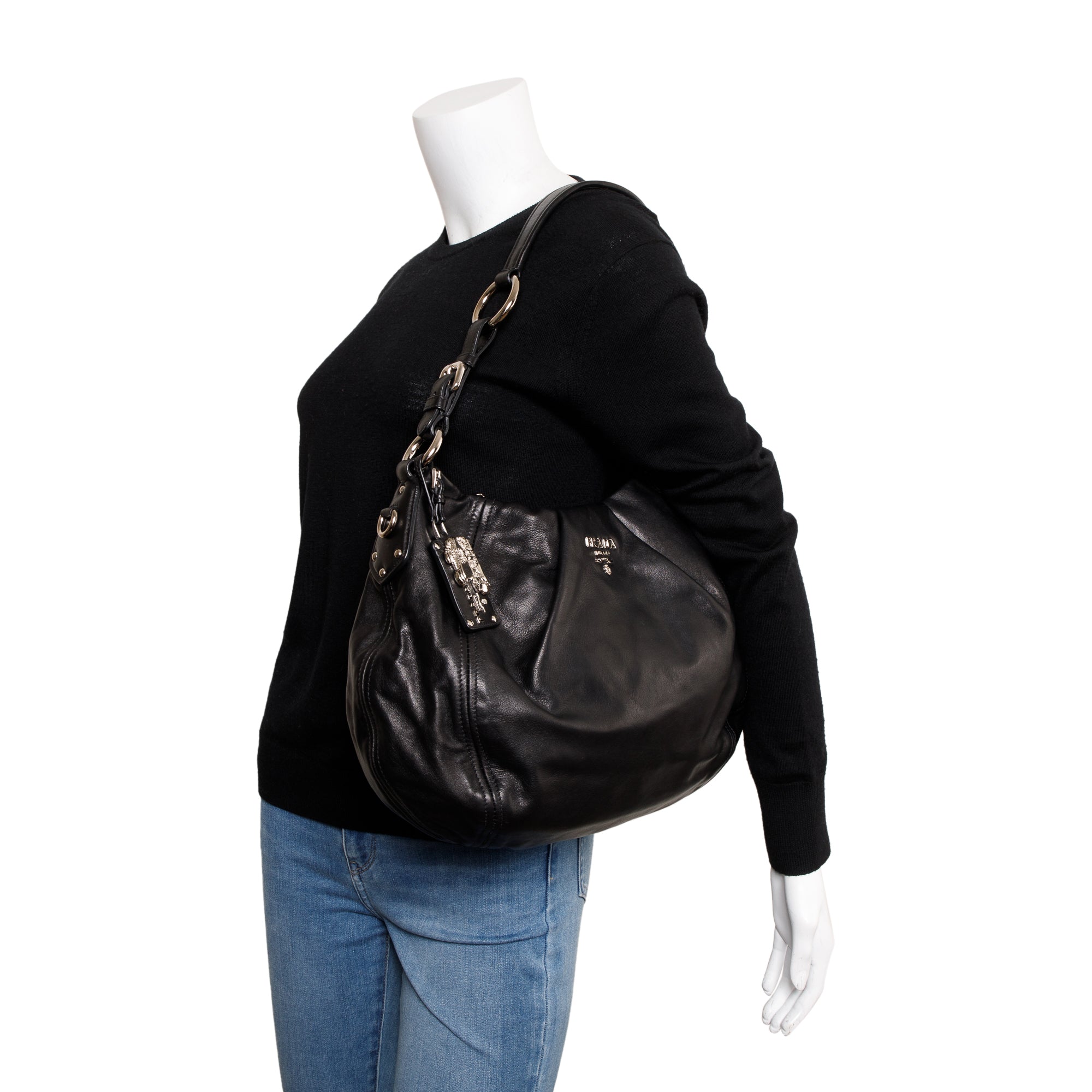 Prada Black Soft Calf Leather Pleated Hobo Bag