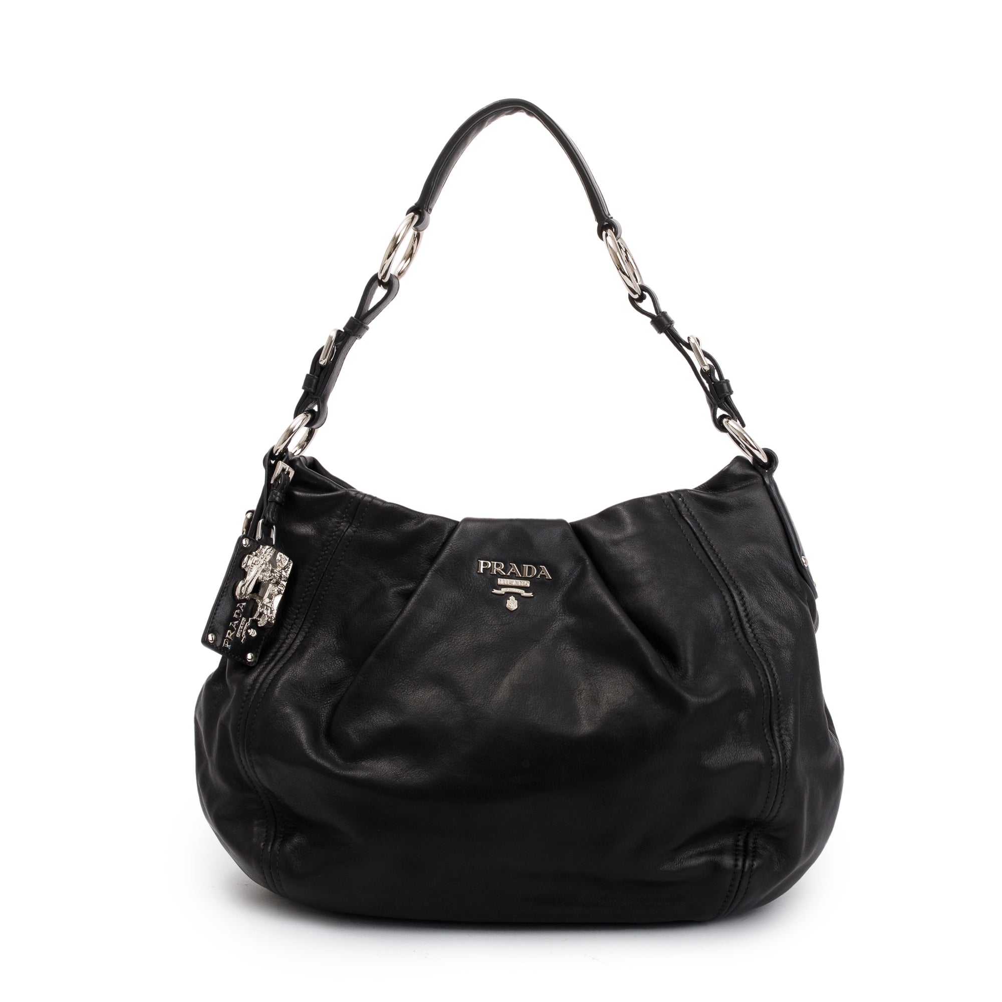 Prada Black Soft Calf Leather Pleated Hobo Bag