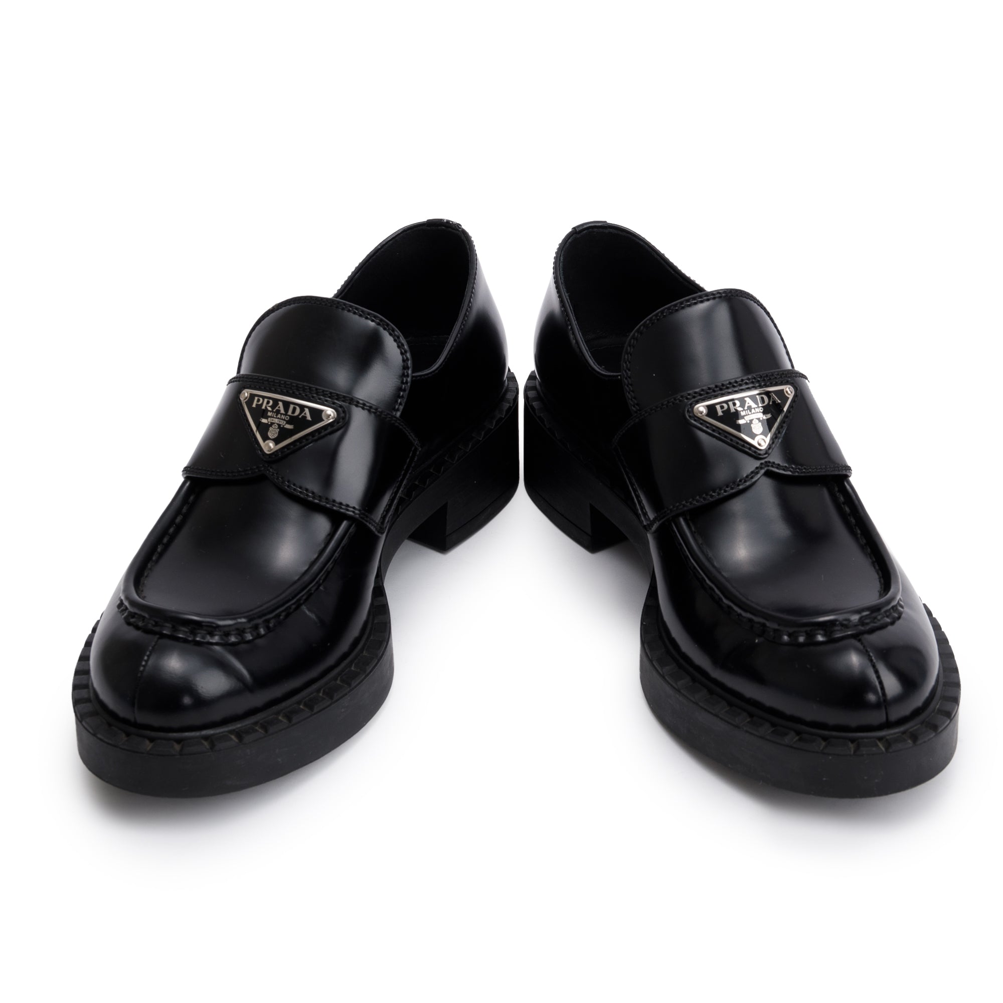 Prada Black Spazzolato Leather Signature Logo Loafers, Size 38 w/ Box