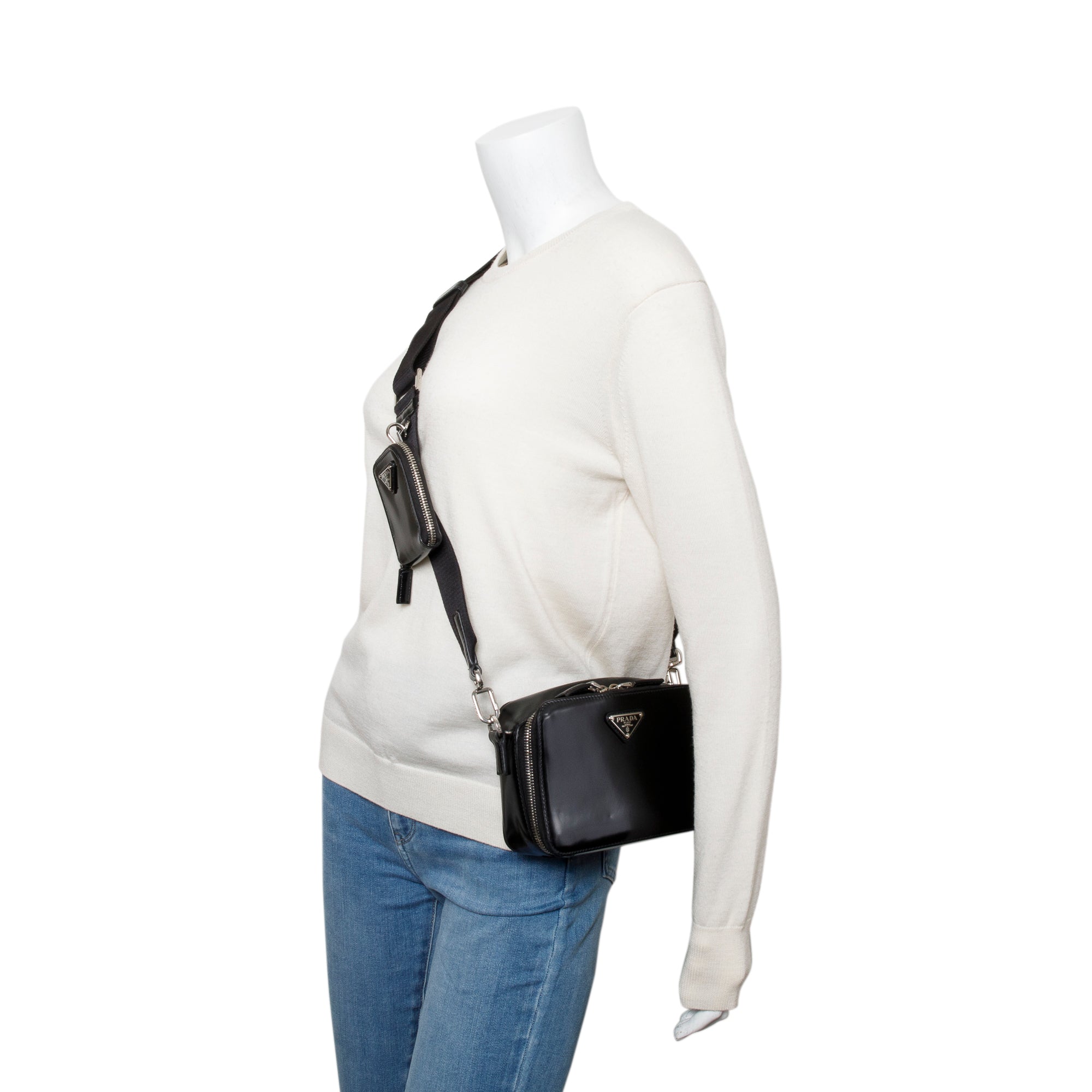 Prada Black Spazzolato Leather Small Brique Crossbody Bag