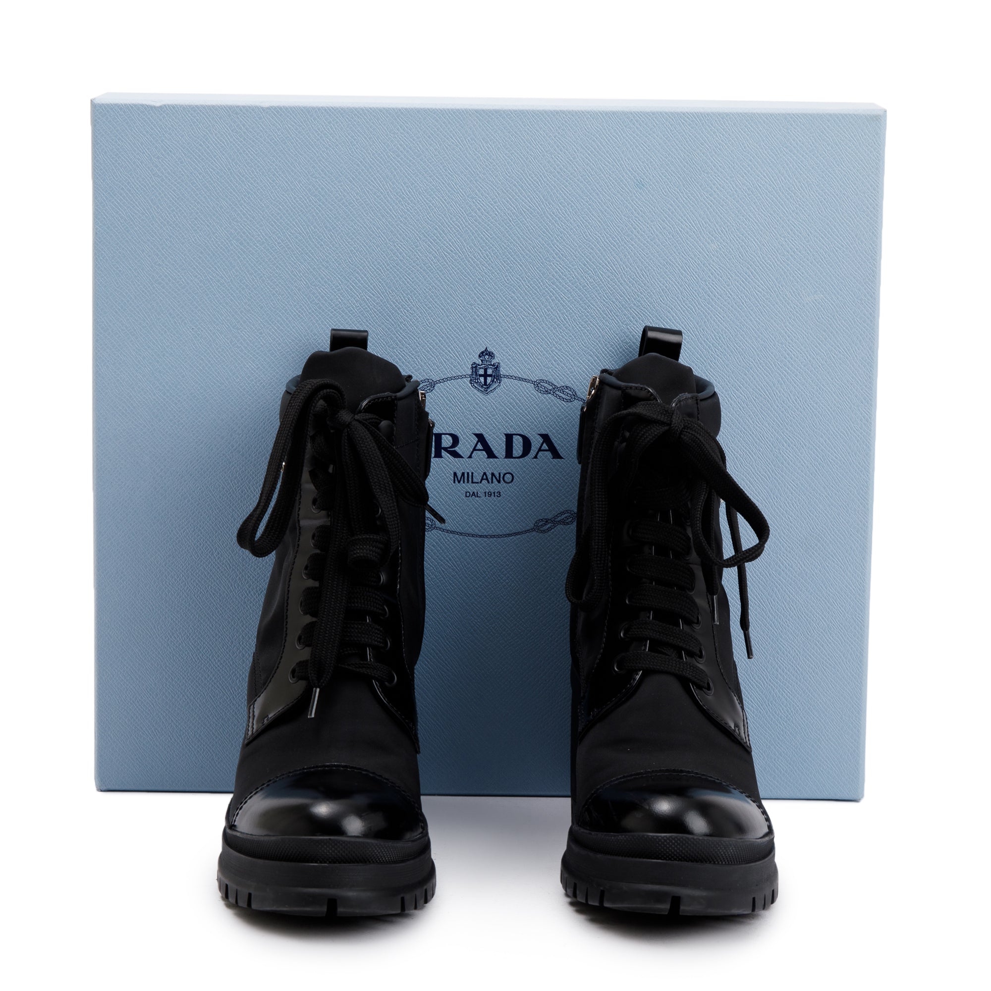 Prada Black Spazzolato Nylon Calzature Donna Boots, Size 37.5 w/ Box