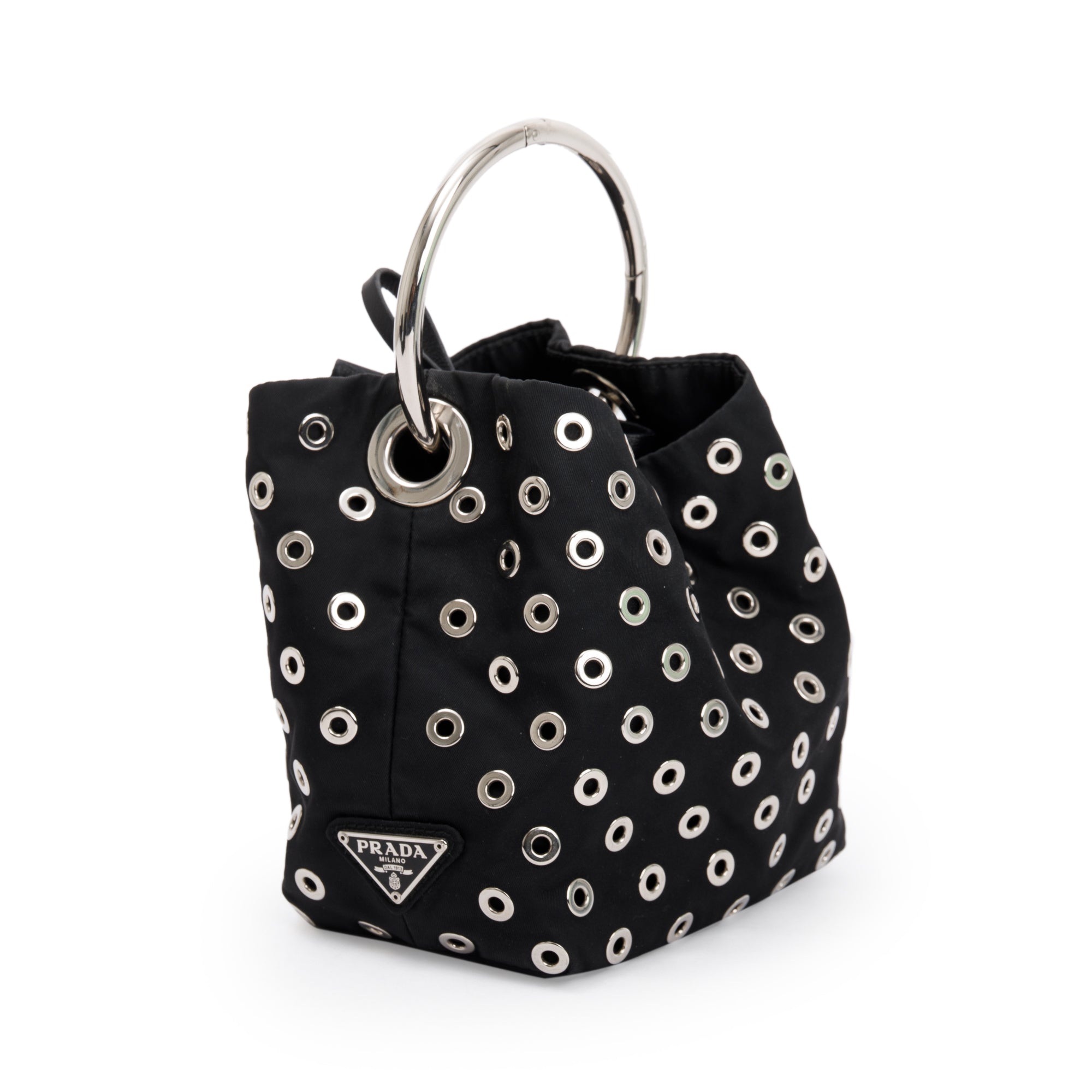Prada Black Tessuto Nylon Grommet Ring Handle Bag