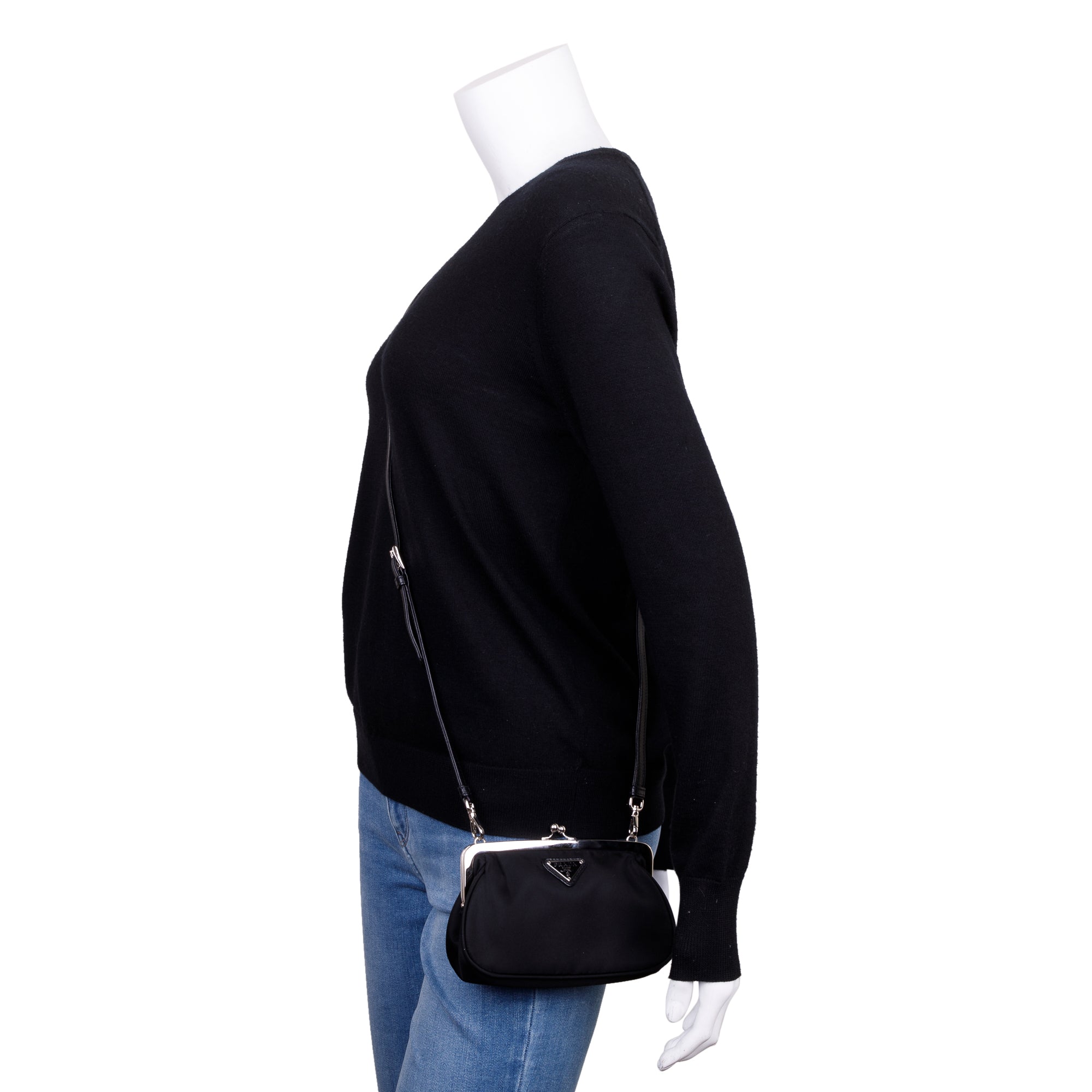 Prada Black Tessuto Nylon Kisslock Crossbody Bag w/ Strap & Box