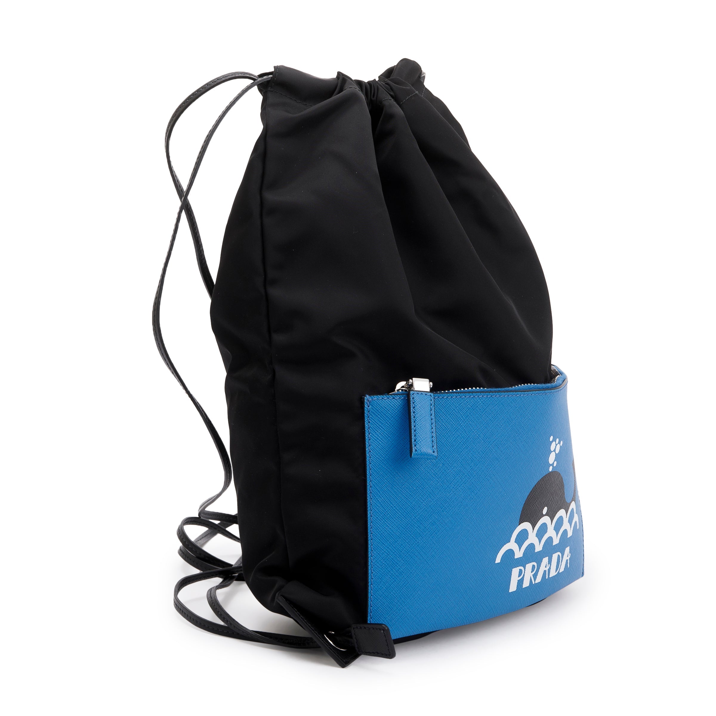 Prada Black Tessuto Nylon Whale Pocket Motif Drawstring Backpack