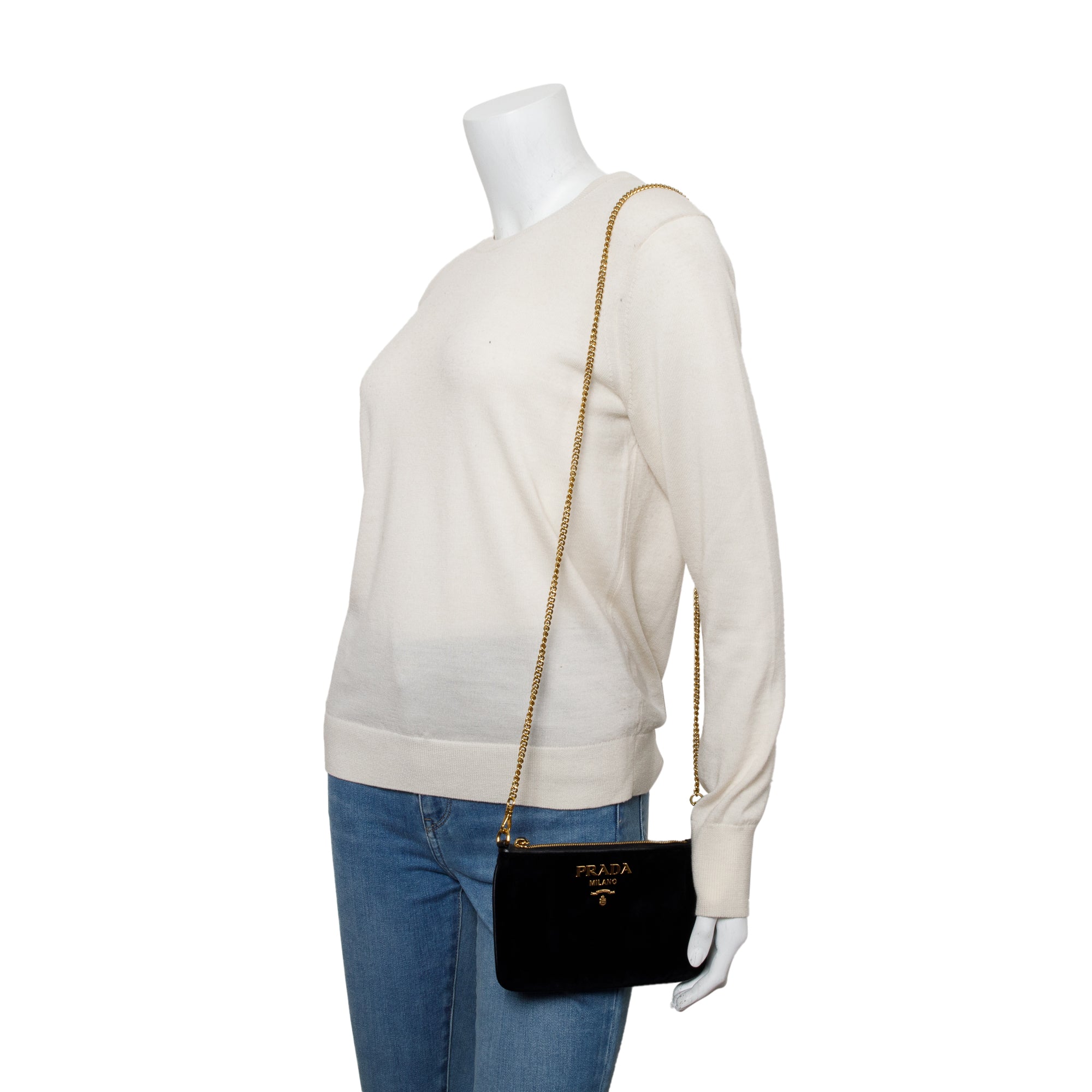 Prada Black Velluto Chain Clutch w/ Strap & Authenticity Card