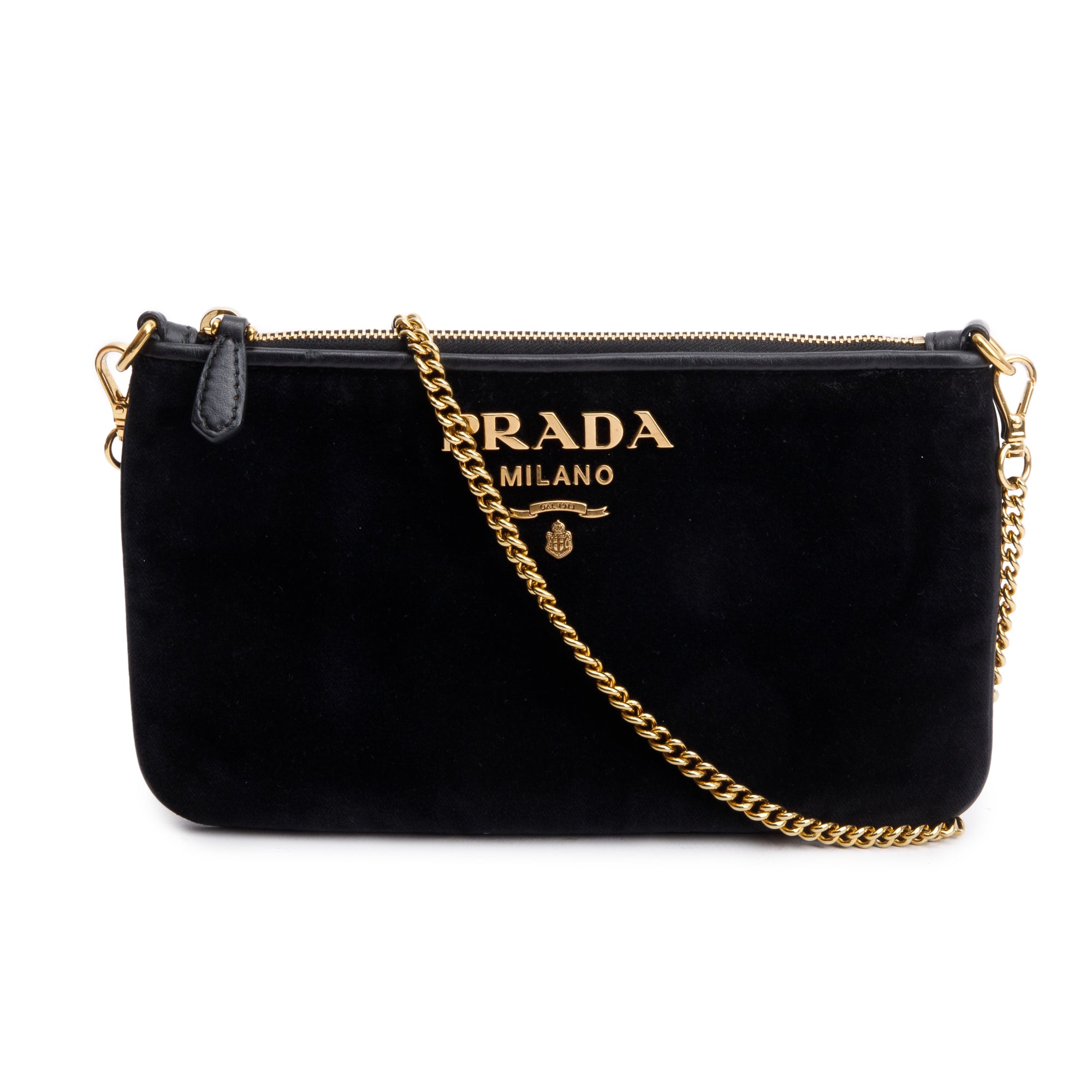 Prada Black Velluto Chain Clutch w/ Strap & Authenticity Card