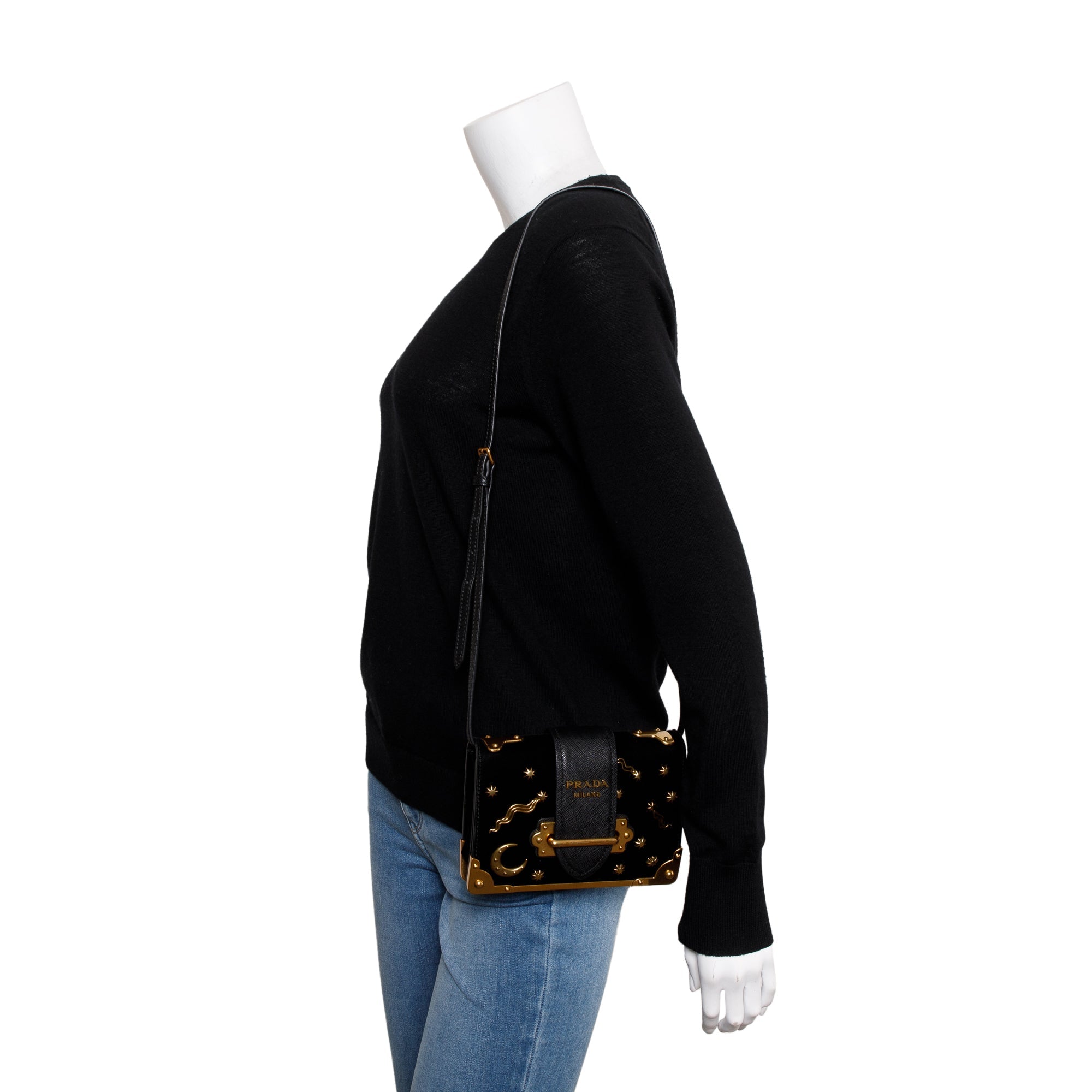 Prada Black Velvet Saffiano Astrology Cahier Bag