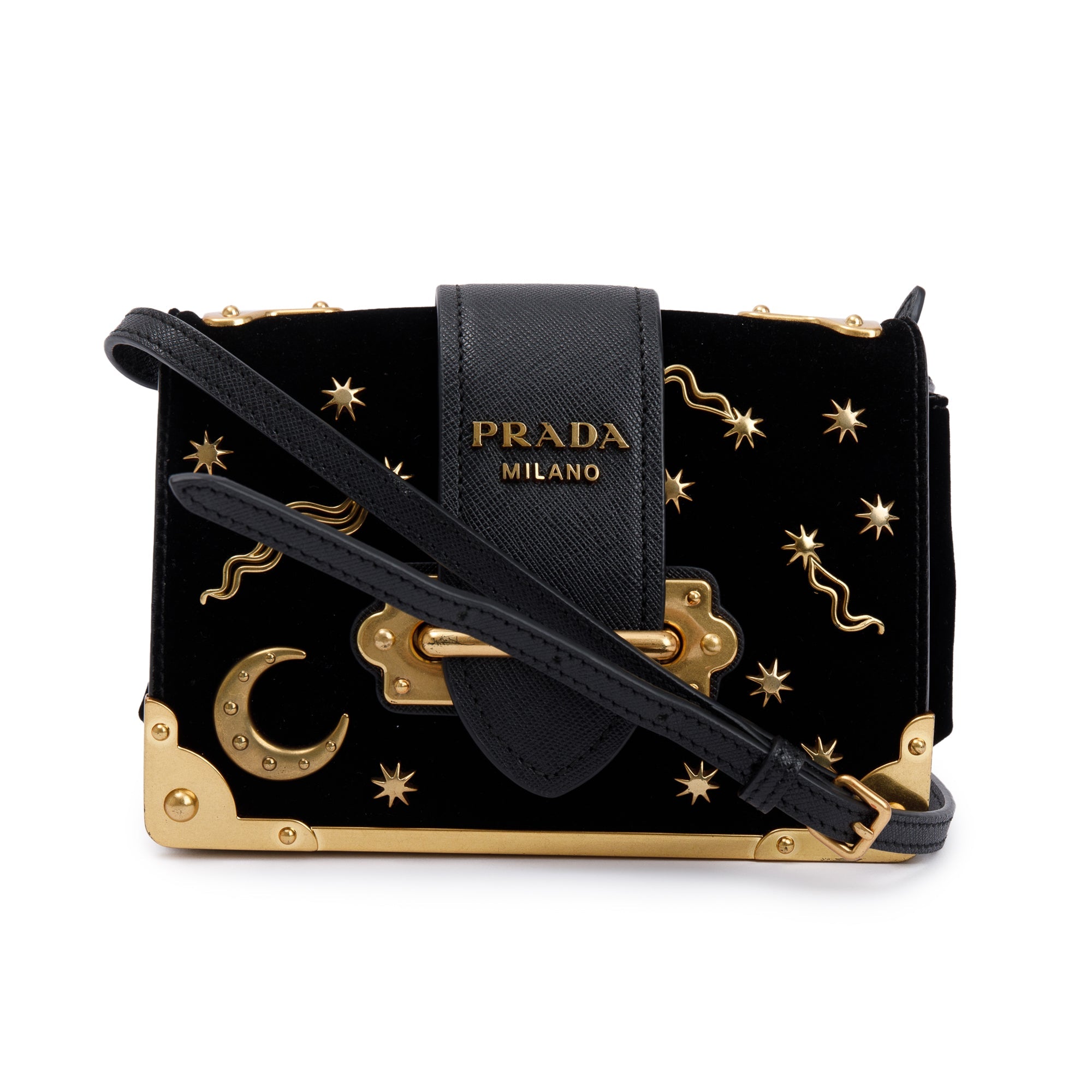 Prada Black Velvet Saffiano Astrology Cahier Bag