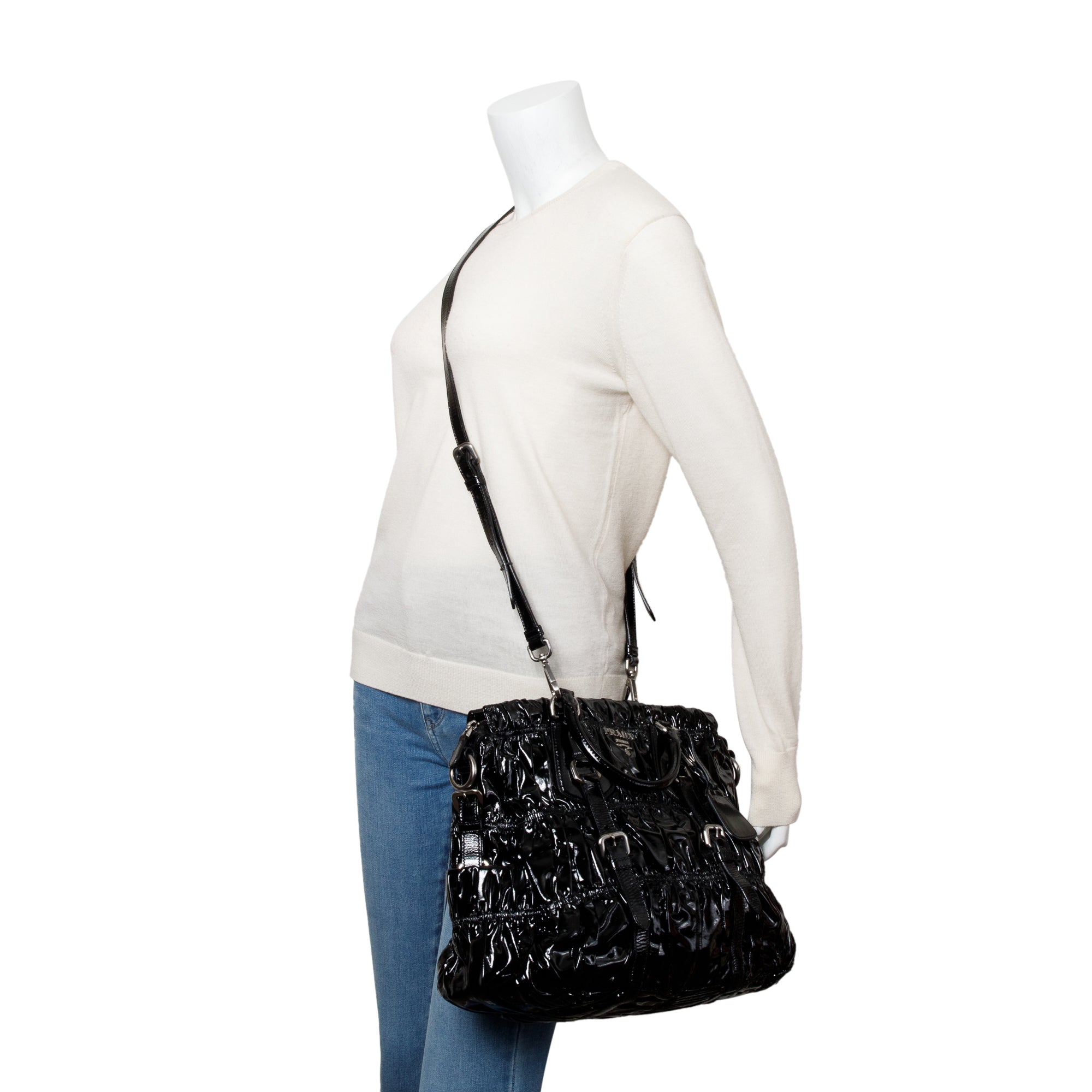 Prada Black Vernice Gaufre Shopping Tote w/ Strap & Authenticity Card