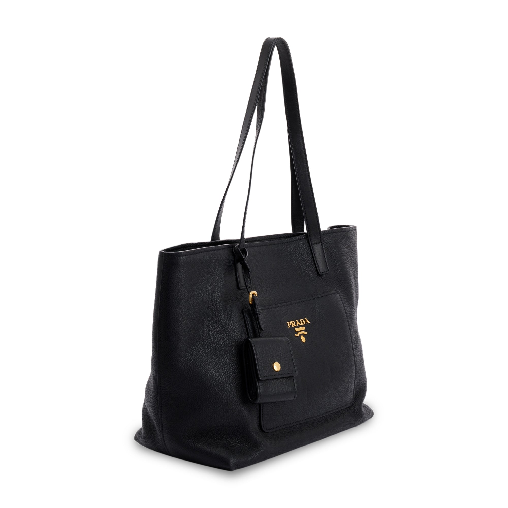 Prada Black Vitello Daino Front Pocket Shopping Tote