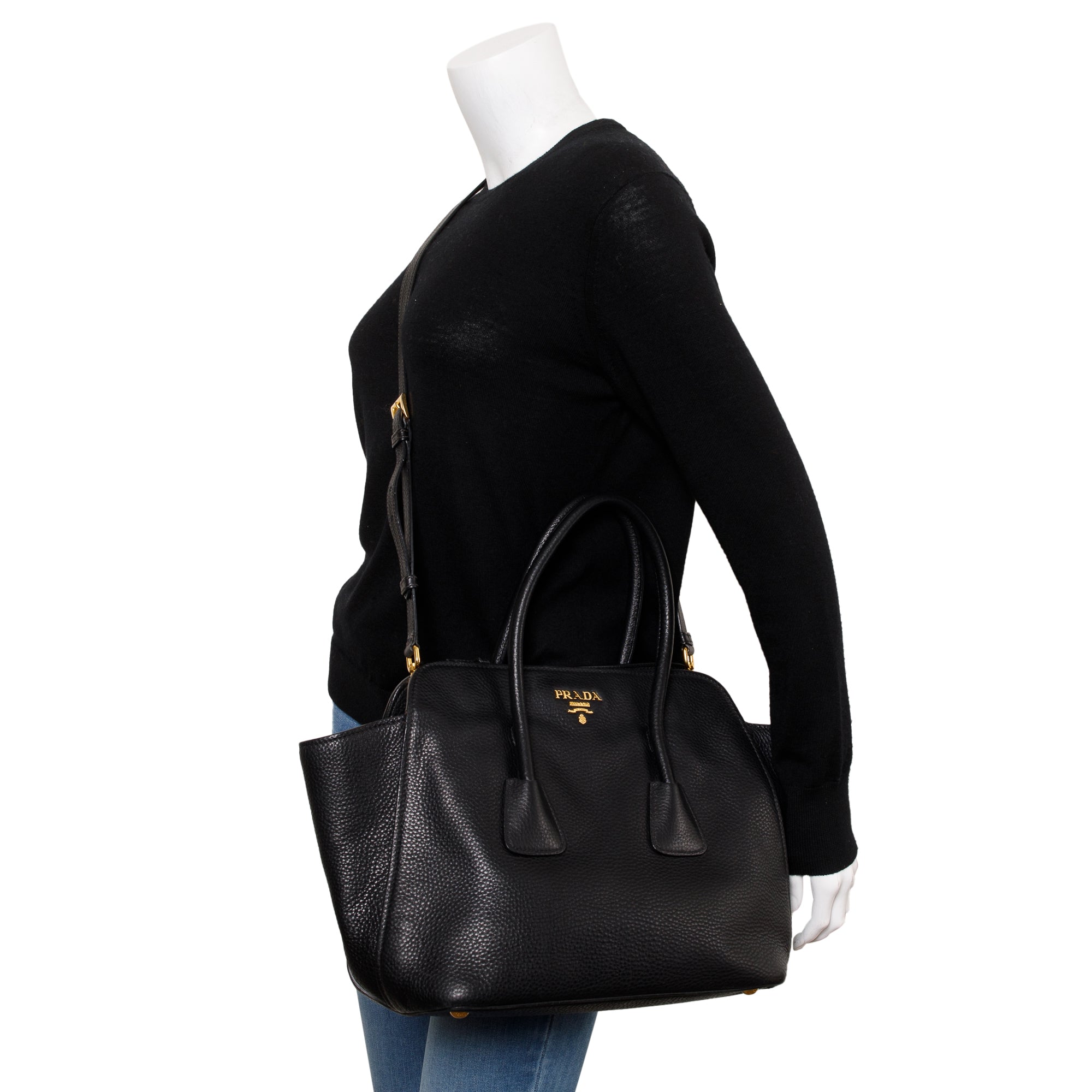 Prada Black Vitello Daino Handle Tote Bag w/ Strap