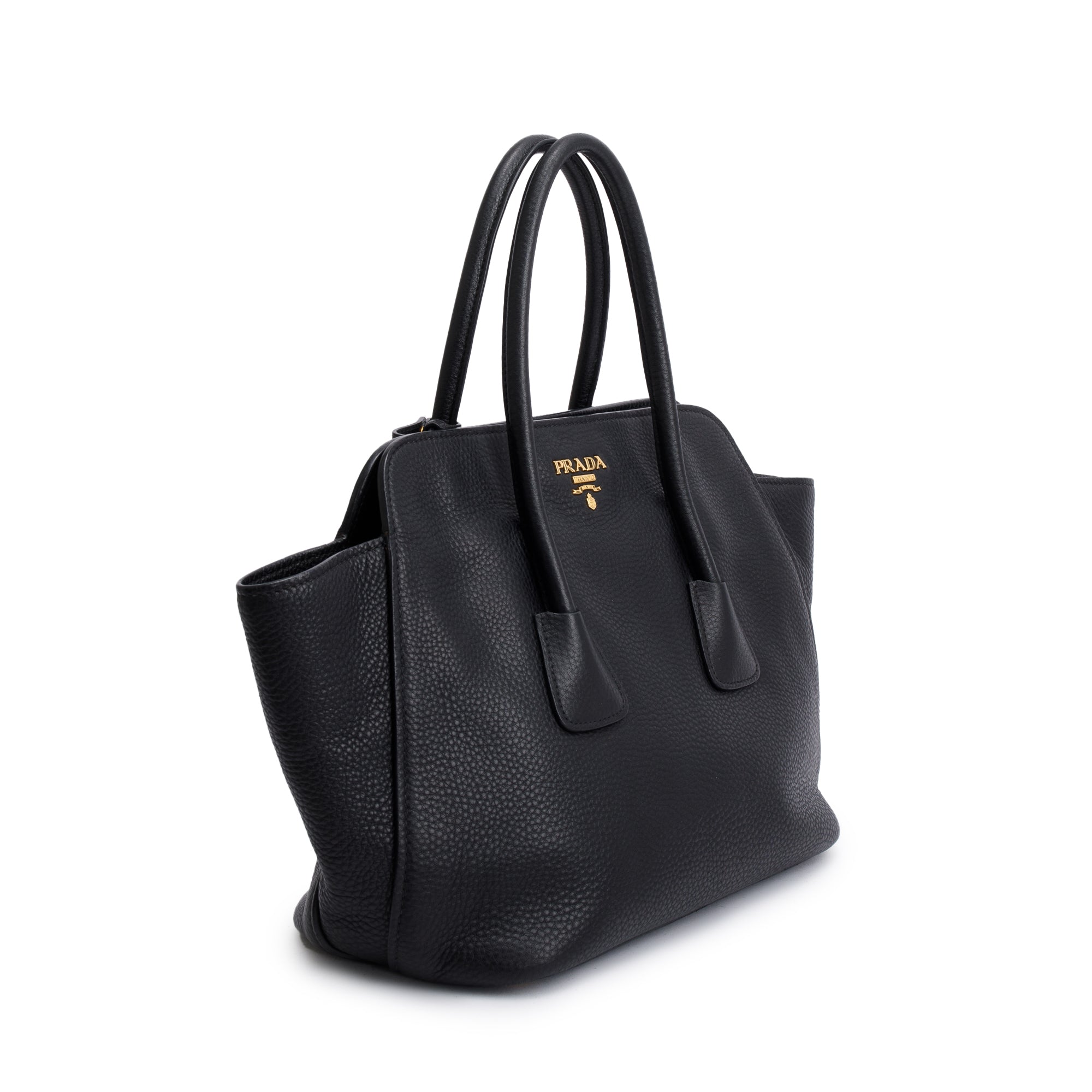 Prada Black Vitello Daino Handle Tote Bag w/ Strap