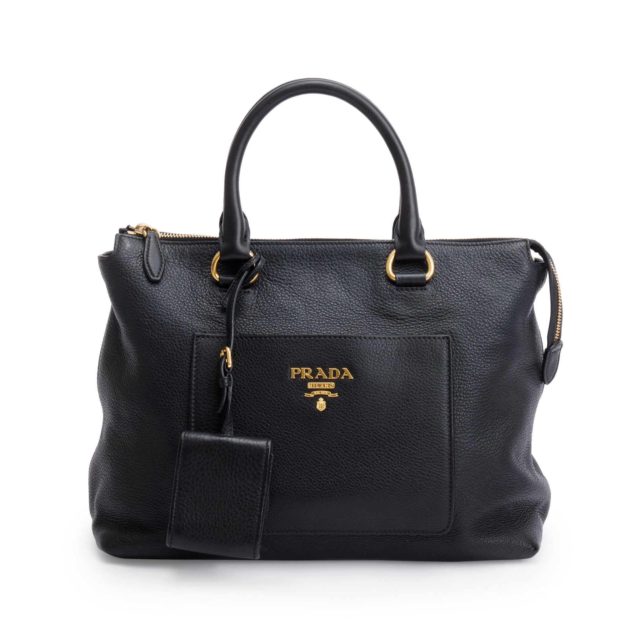 Prada Black Vitello Daino Leather Pocket Zip Tote w/ Strap & Receipt