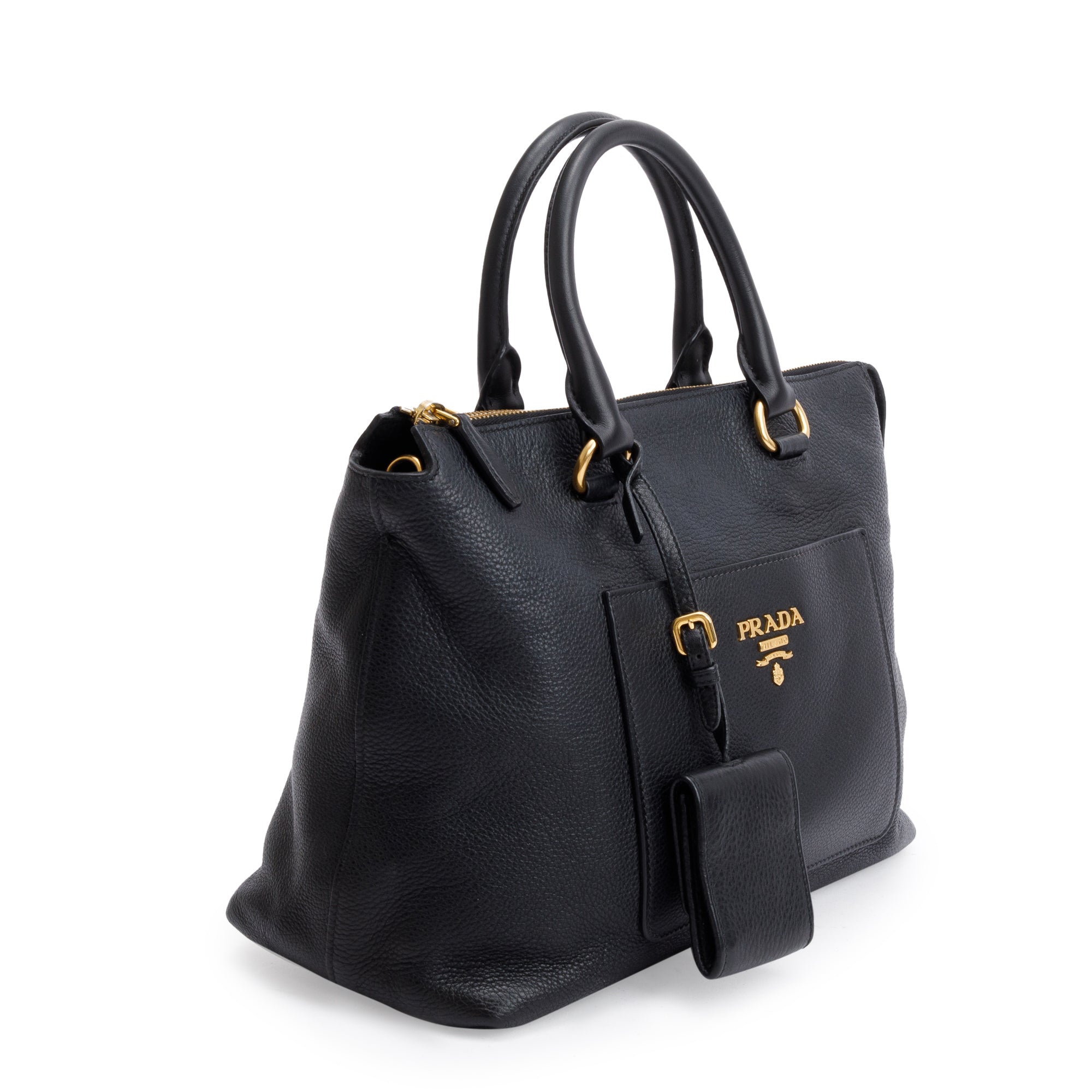 Prada Black Vitello Daino Leather Pocket Zip Tote w/ Strap & Receipt