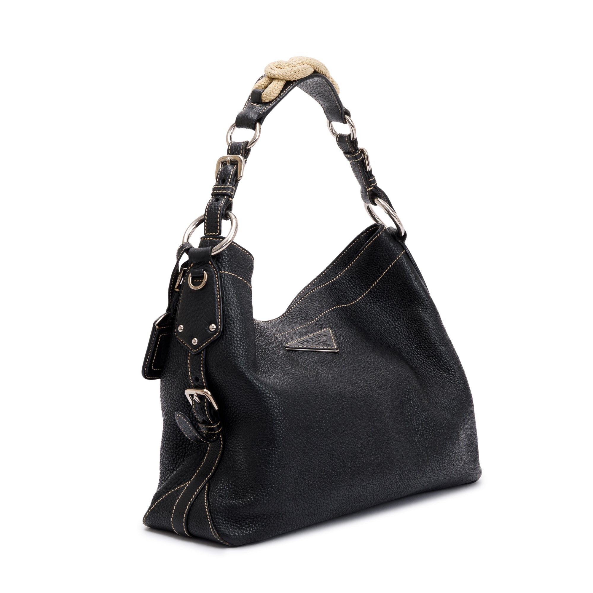 Prada Black Vitello Daino Leather Rope Hobo Bag