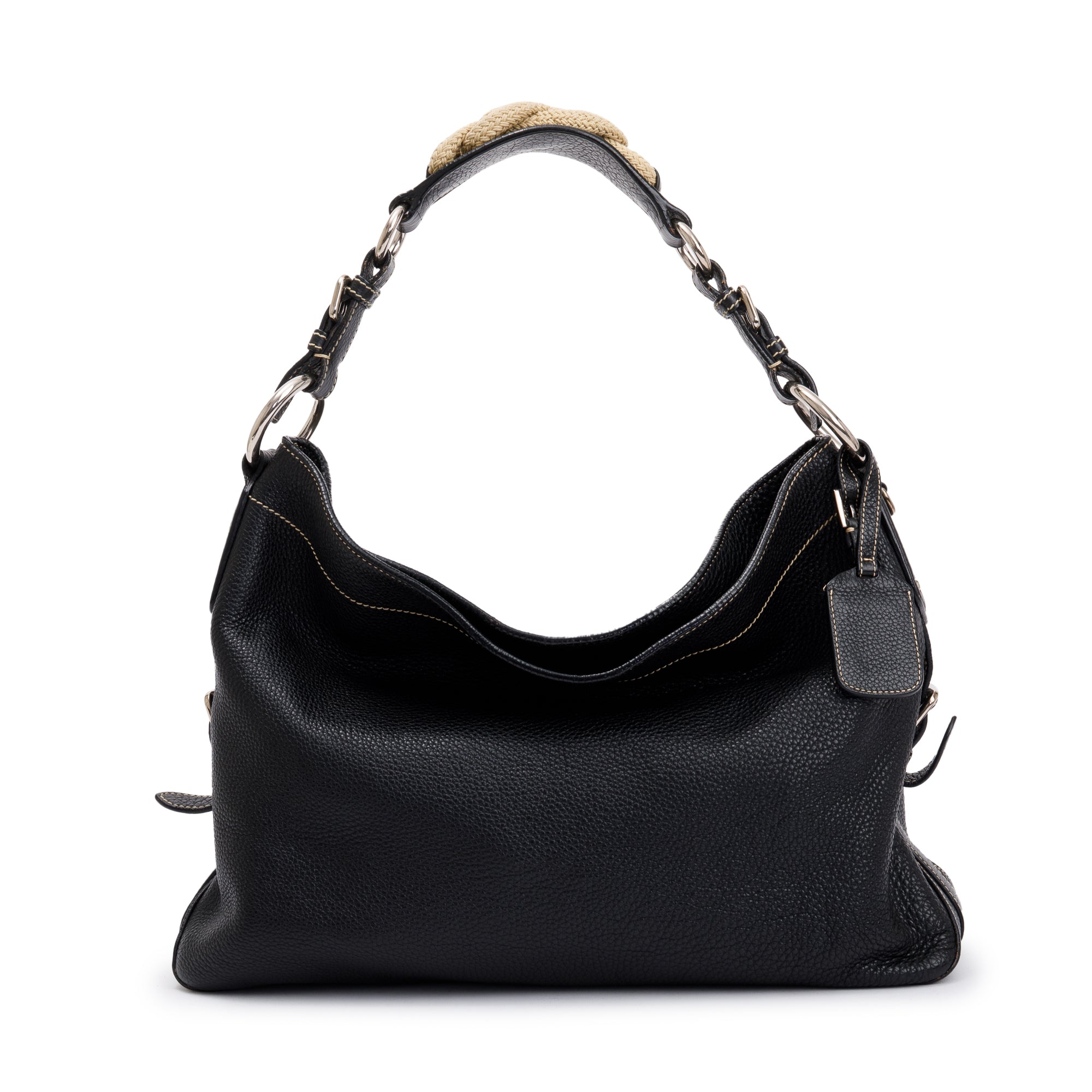 Prada Black Vitello Daino Leather Rope Hobo Bag