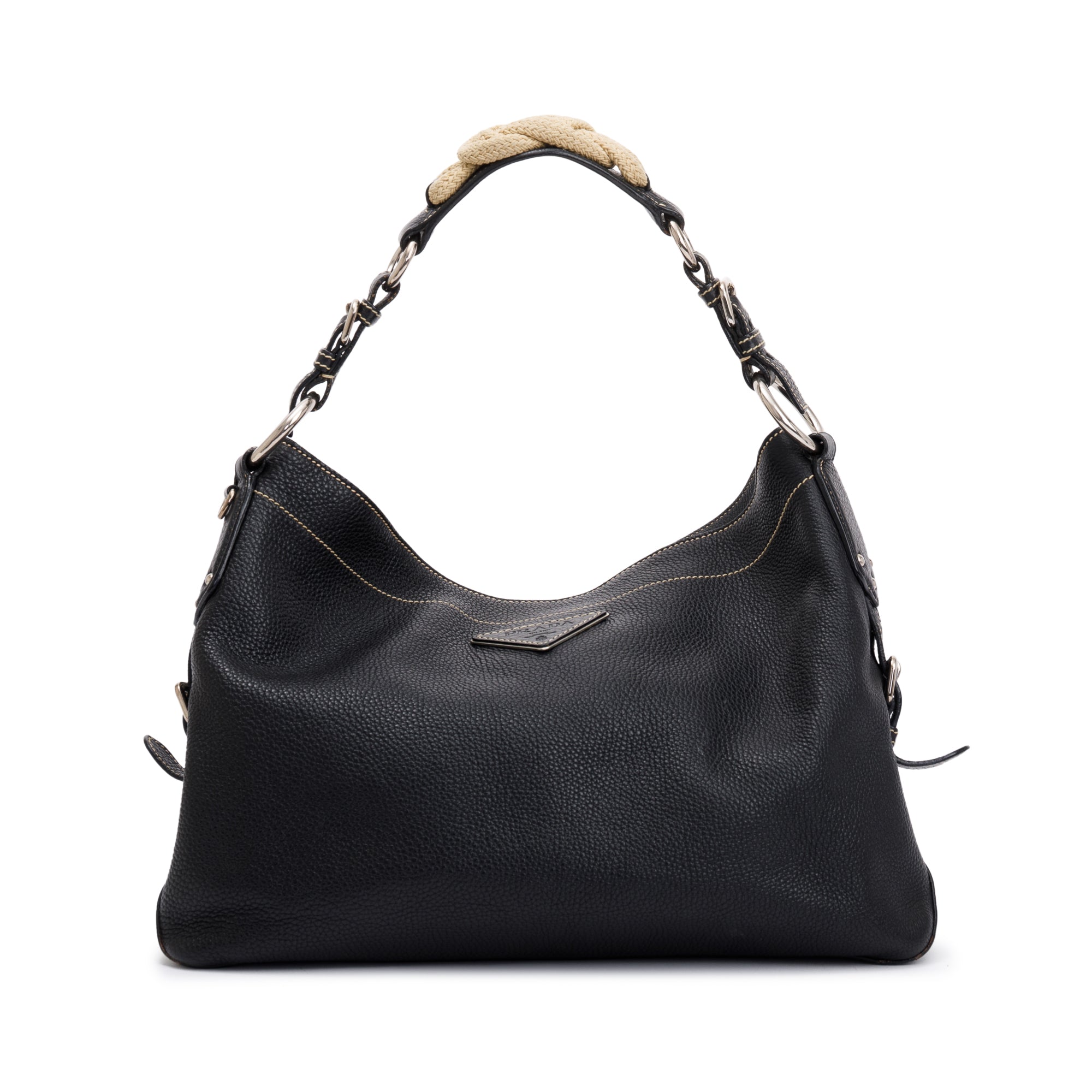 Prada Black Vitello Daino Leather Rope Hobo Bag