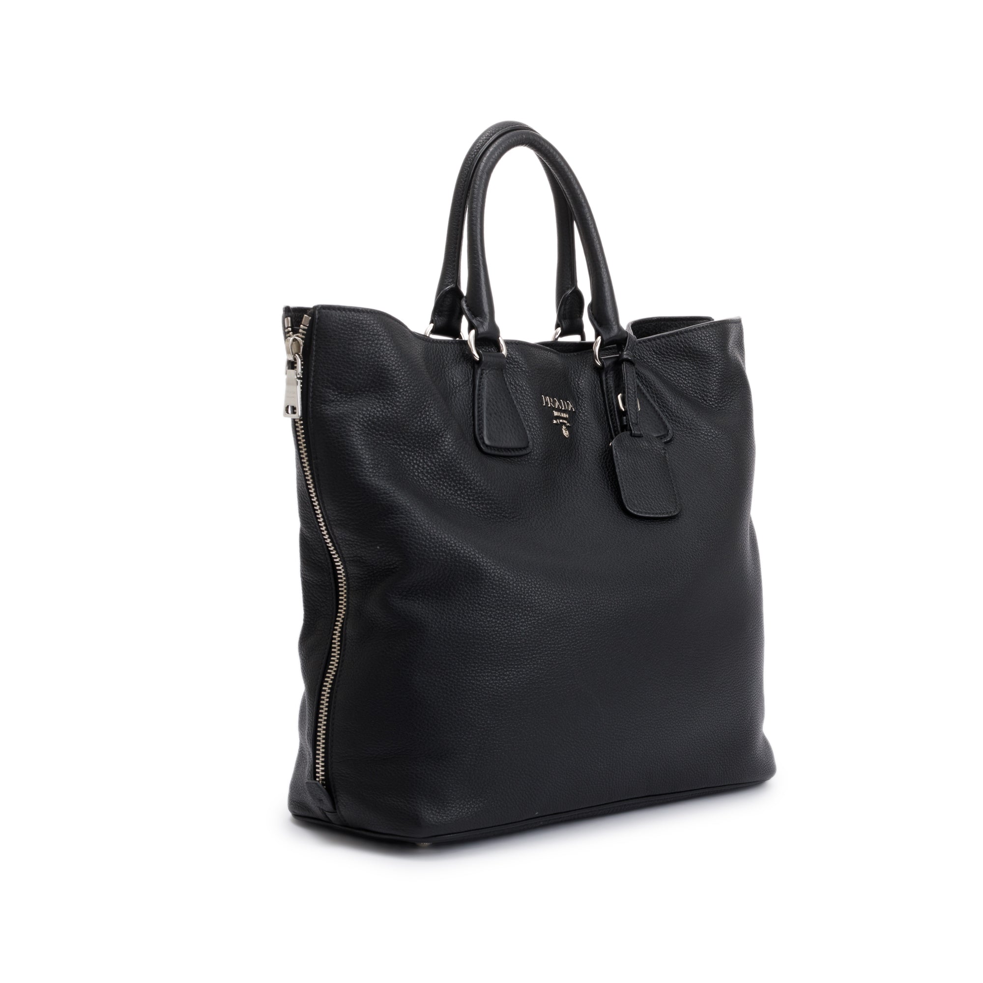 Prada Black Vitello Daino Leather Side Zip Shopping Tote w/ Strap