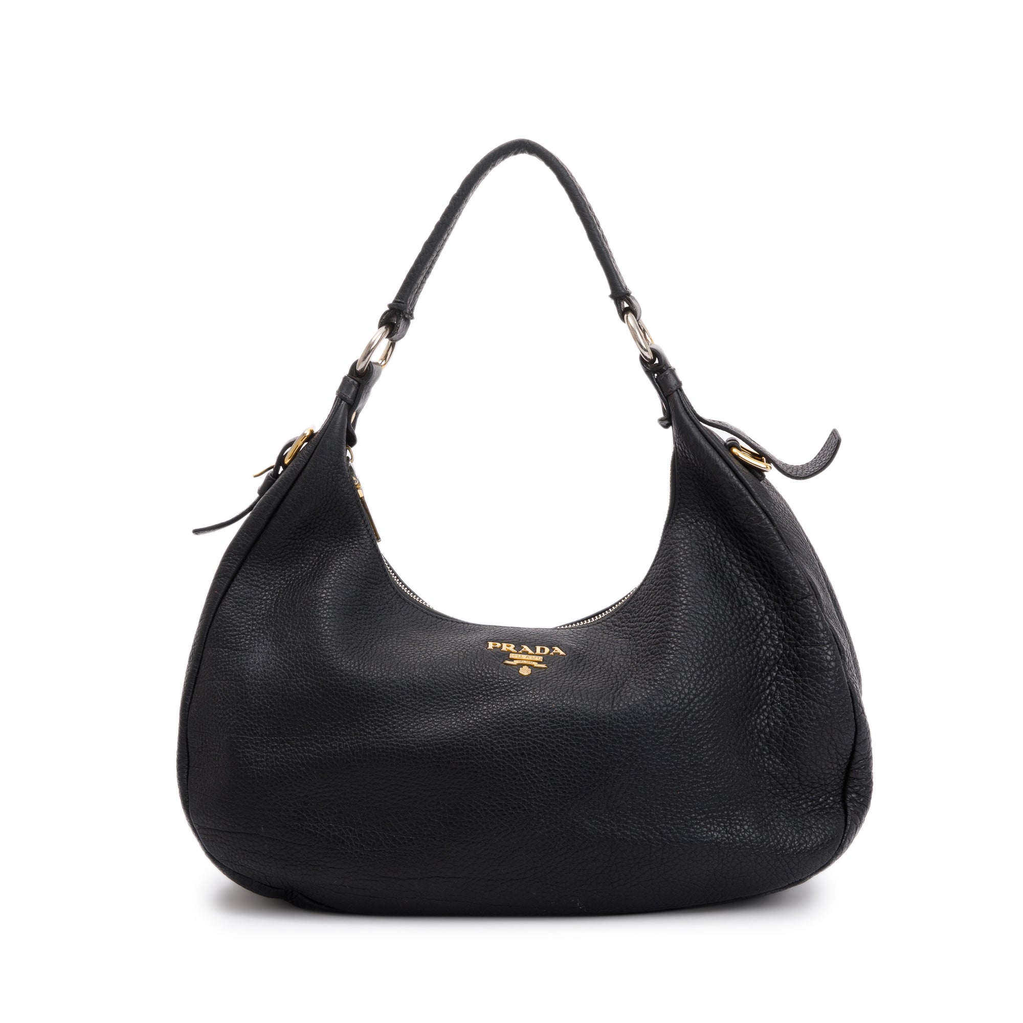 Prada Black Vitello Daino Leather Zip Top Hobo