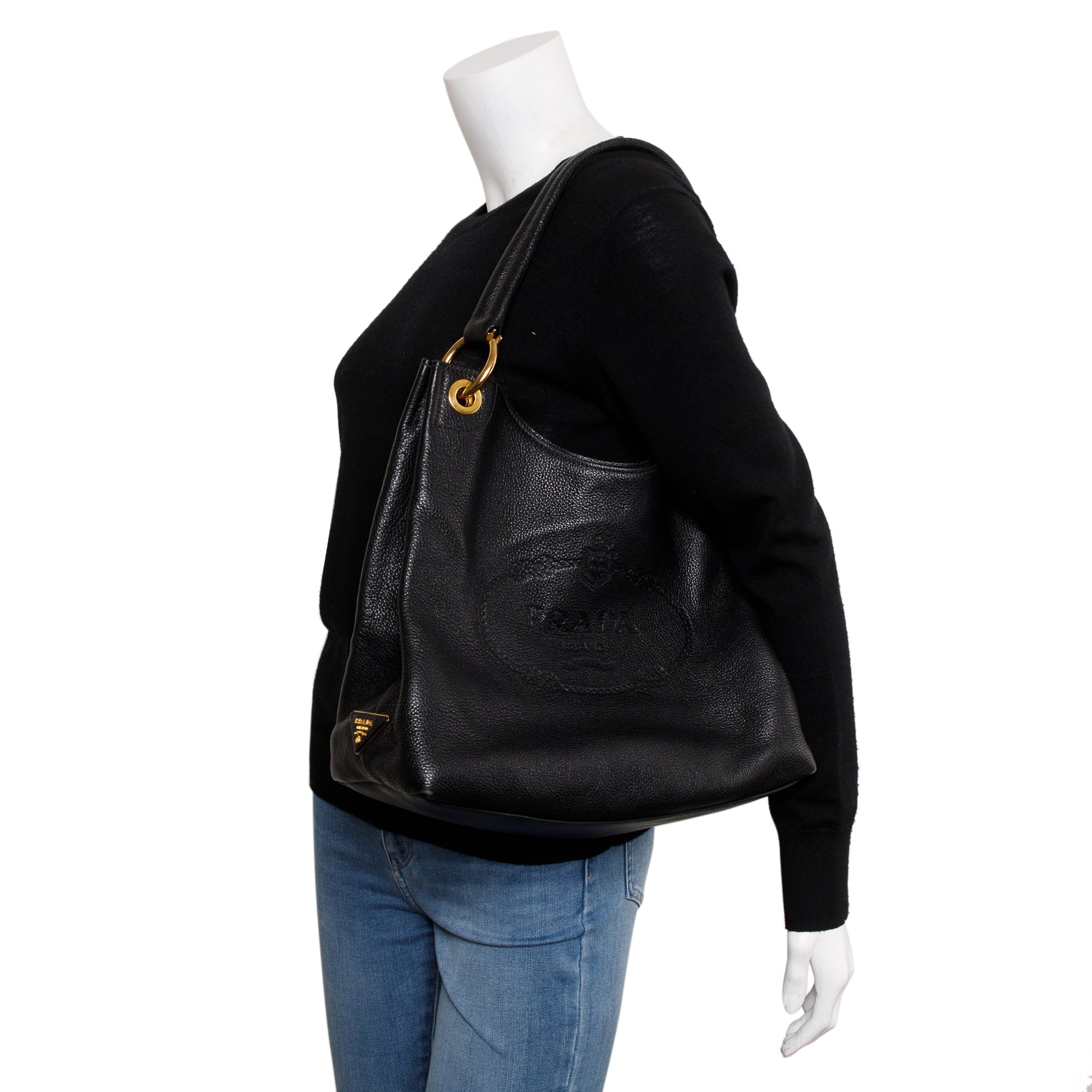 Prada Black Vitello Daino Medium Logo Embossed Hobo Bag