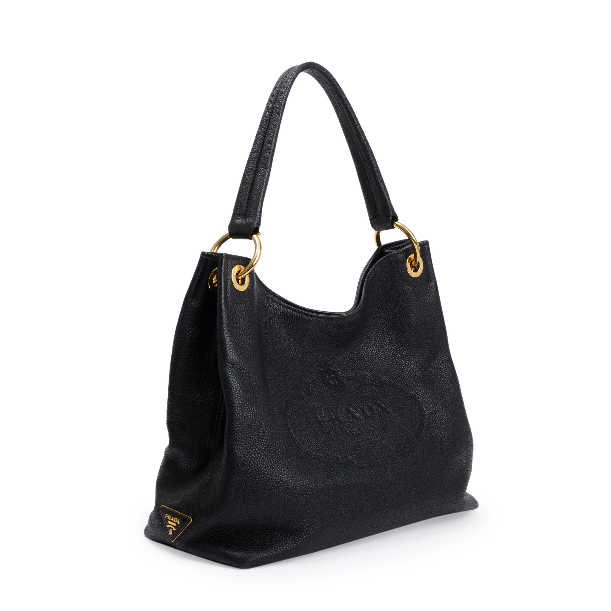 Prada Black Vitello Daino Medium Logo Embossed Hobo Bag