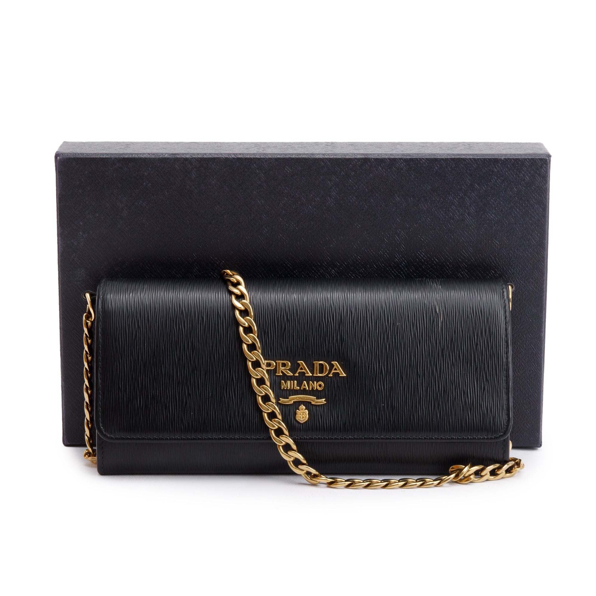 Prada Black Vitello Move Continental Wallet on Chain w/ Box