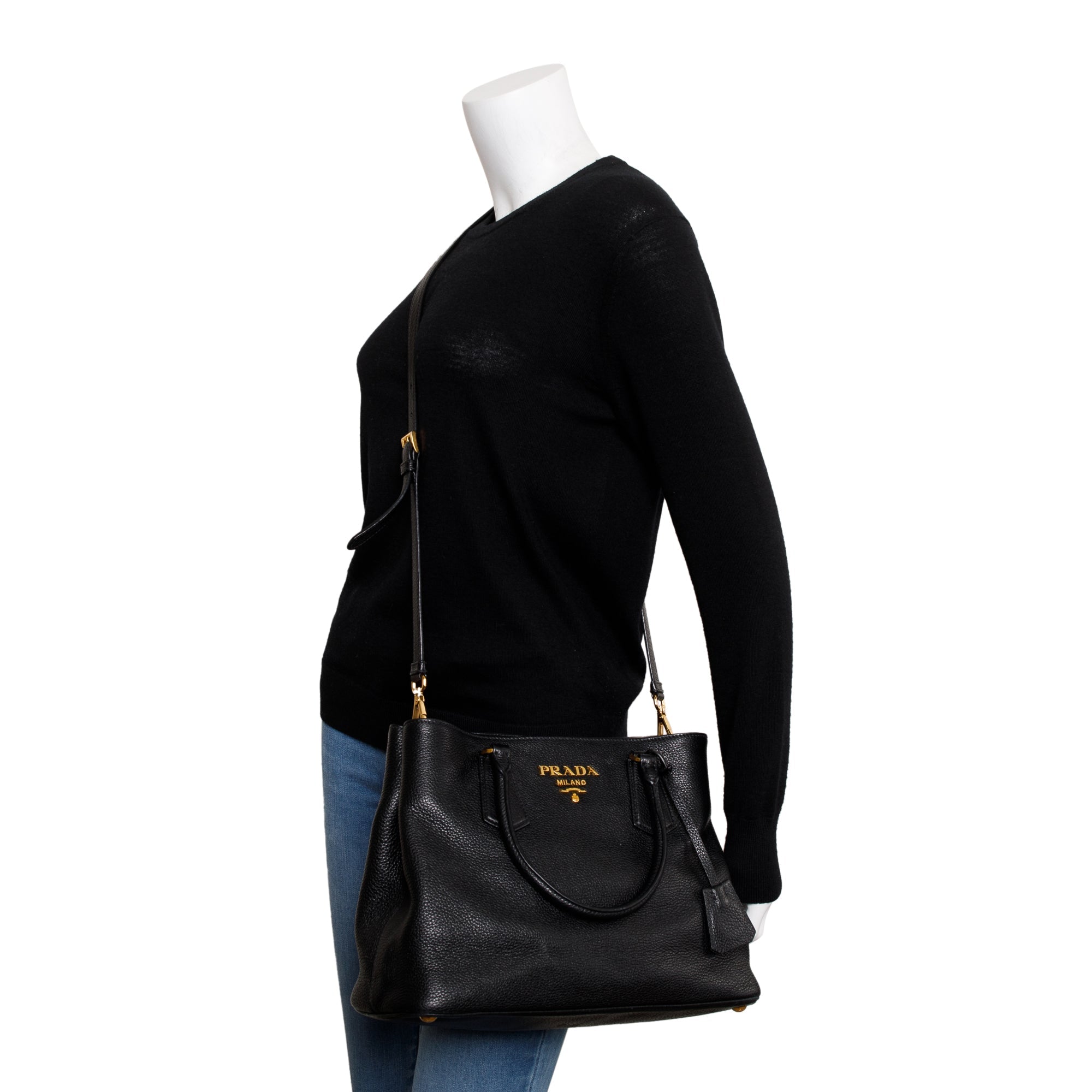 Prada Black Vitello Phenix Convertible Tote w/ Strap, Box & Authenticity Card